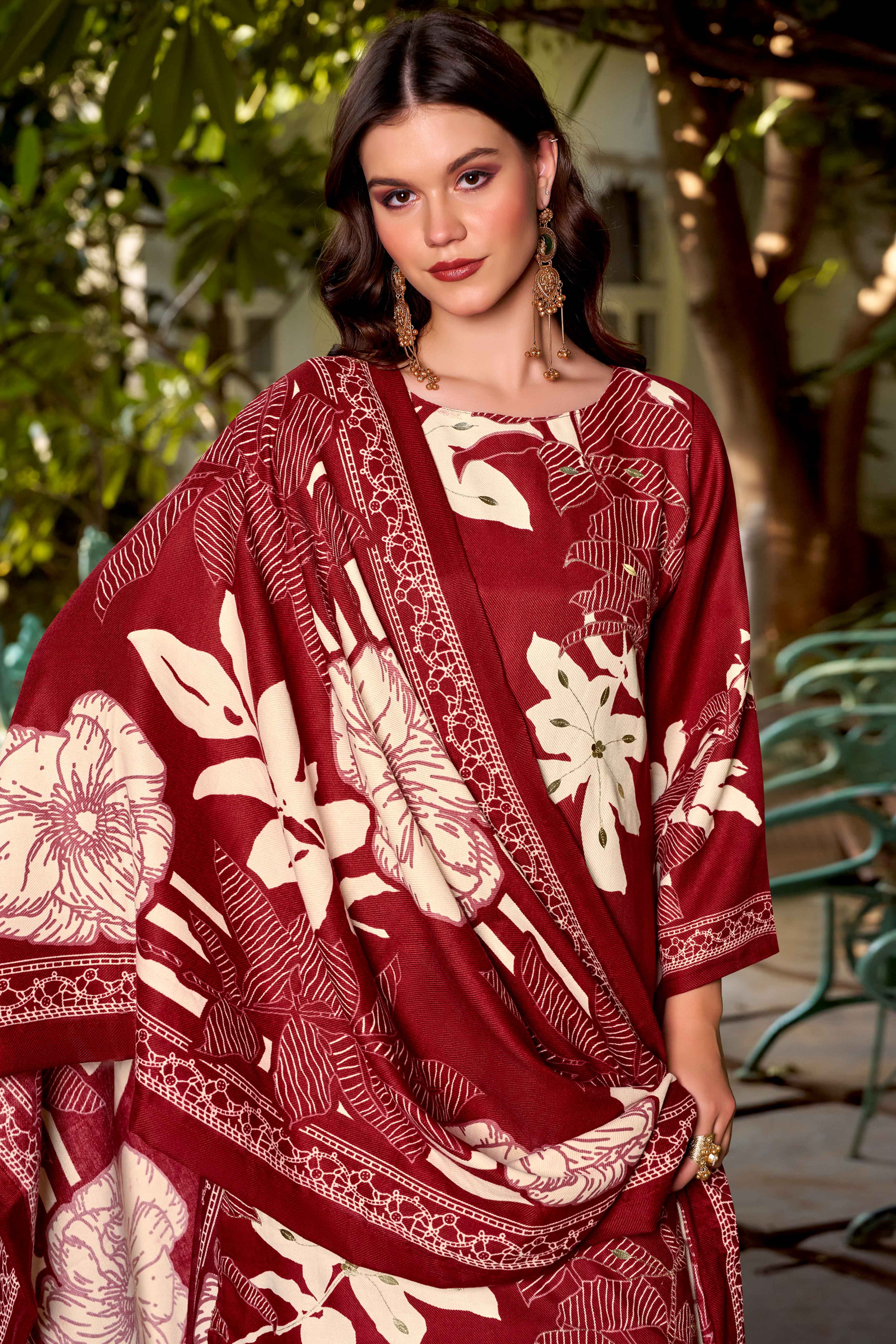 Maroon Elegant Floral Printed Pure Pashmina Dress Material for Winter Wear