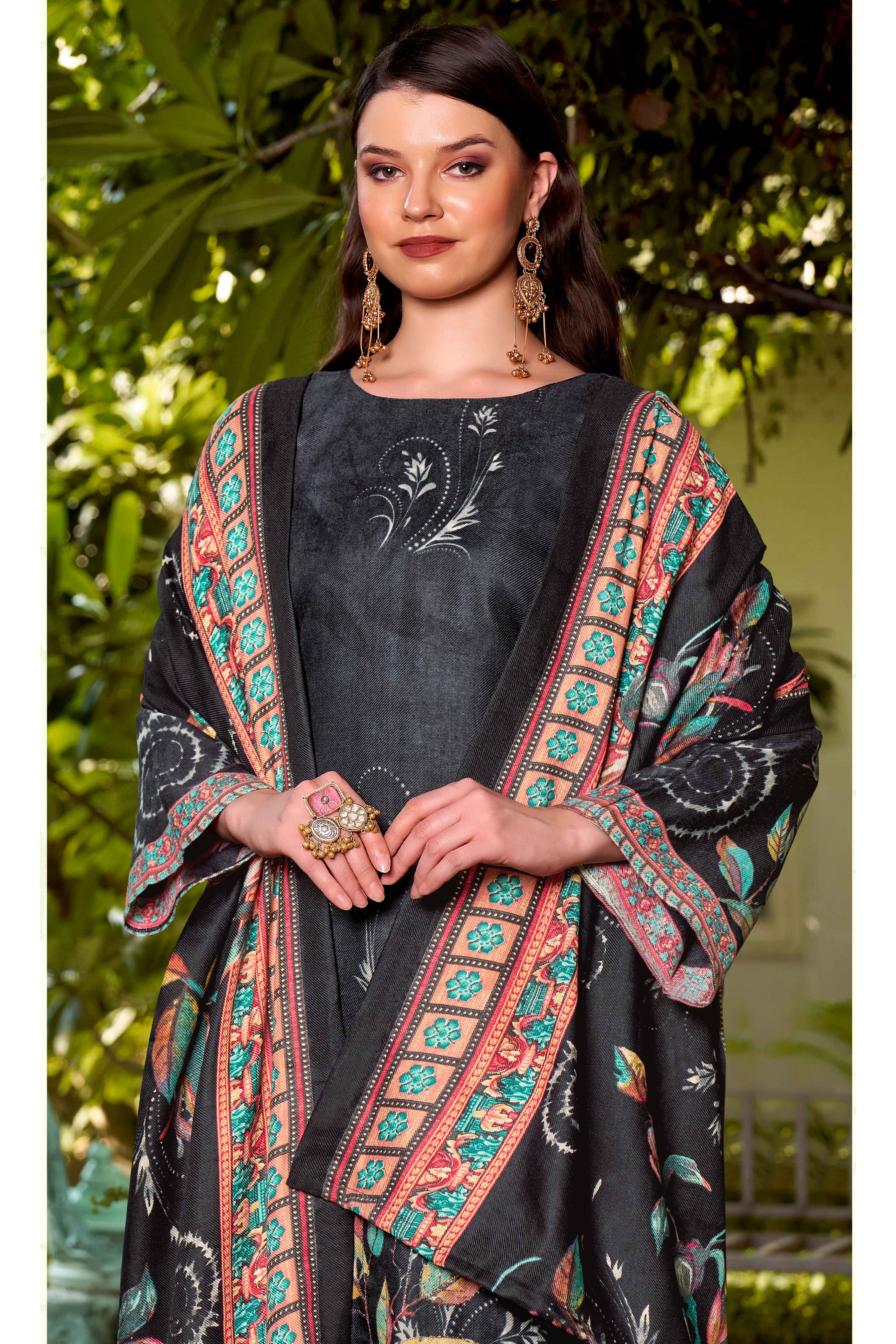 Black Elegant Floral Printed Pure Pashmina Dress Material for Winter Wear