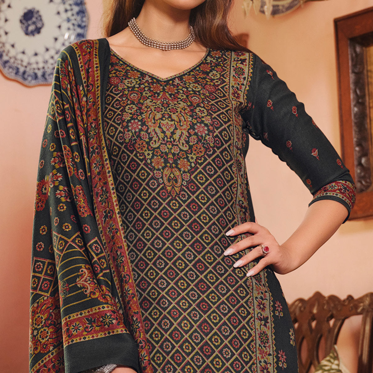 Black Digital Printed Pashmina Woolen Suit