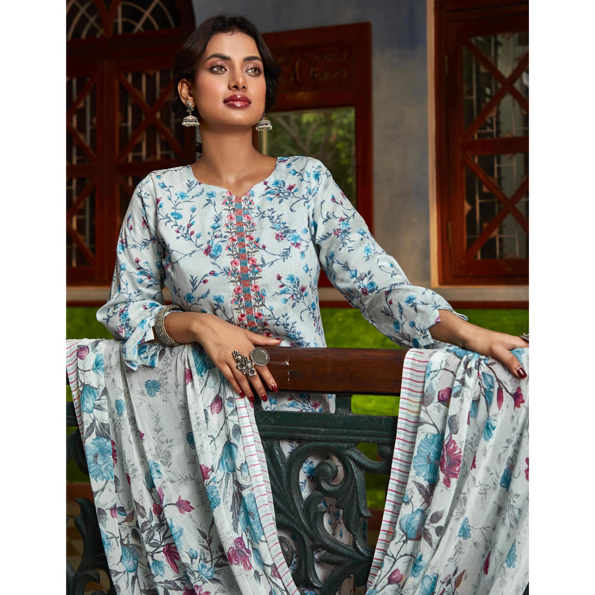 Blue Printed With Embroidered Pure Cotton Suit