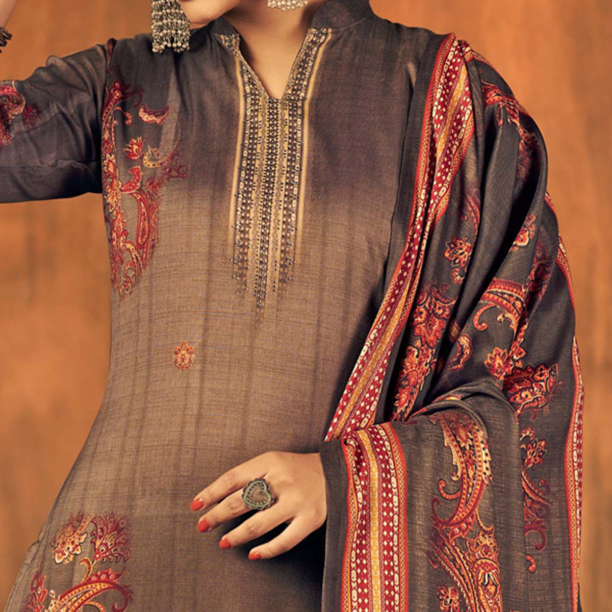 Brown Printed With Swarovski Work Pashmina Salwar Suit