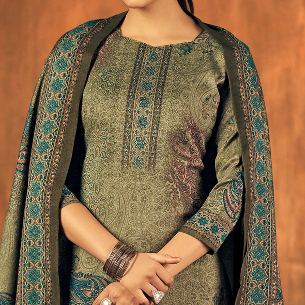 Green Printed With Swarovski Work Pashmina Salwar Suit