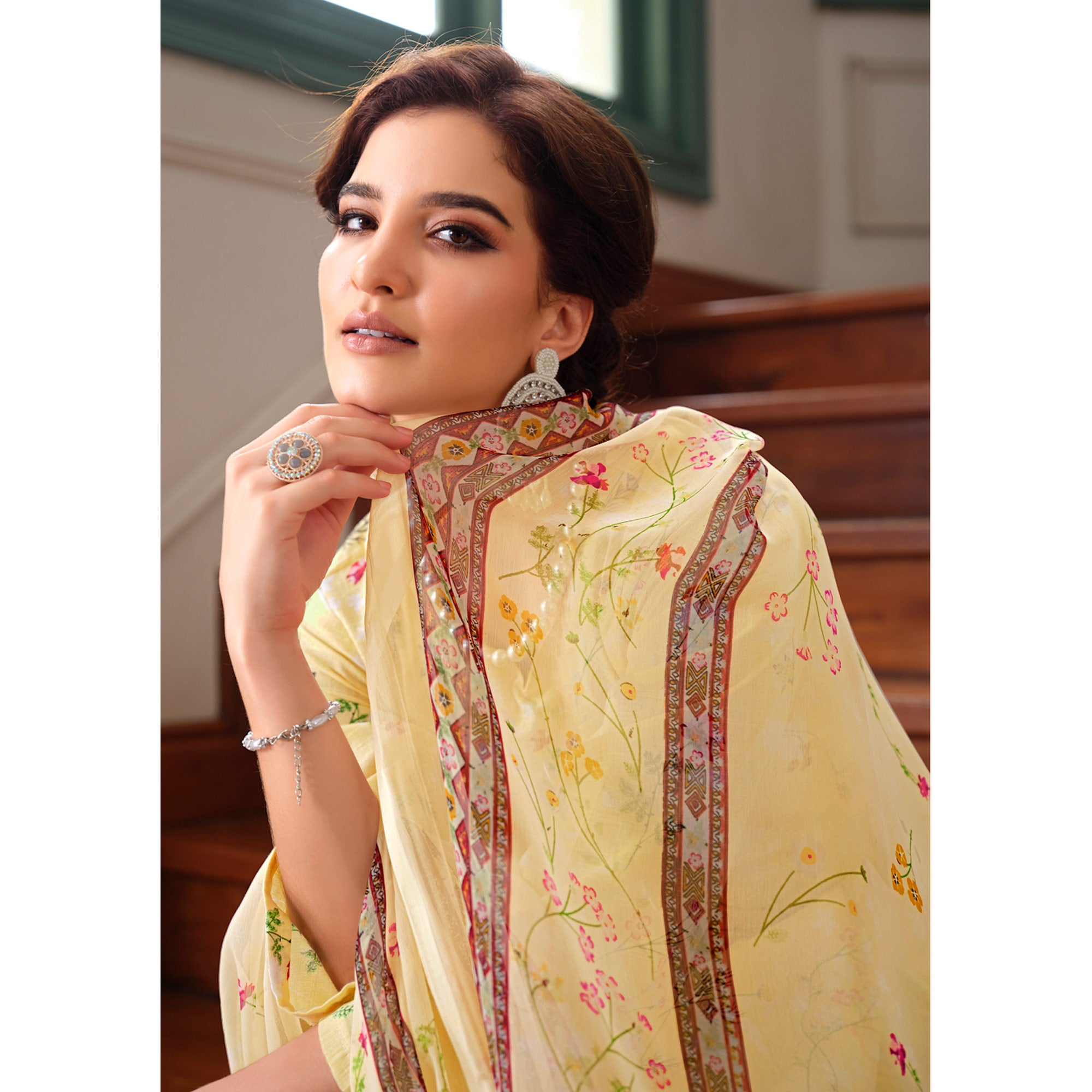 Yellow Floral Digital Printed Pure Cotton Salwar Suit