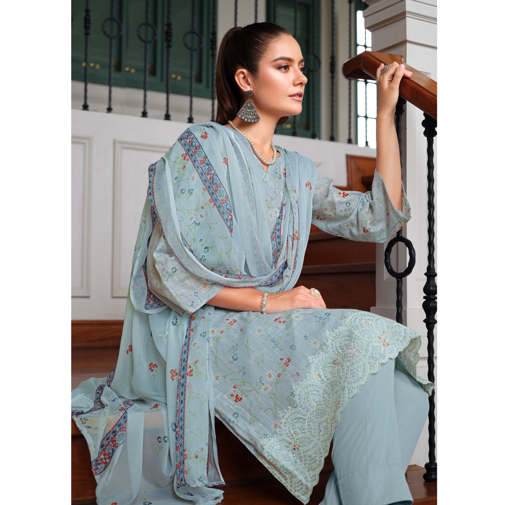 Blue Floral Digital Printed Pure Cotton Salwar Suit