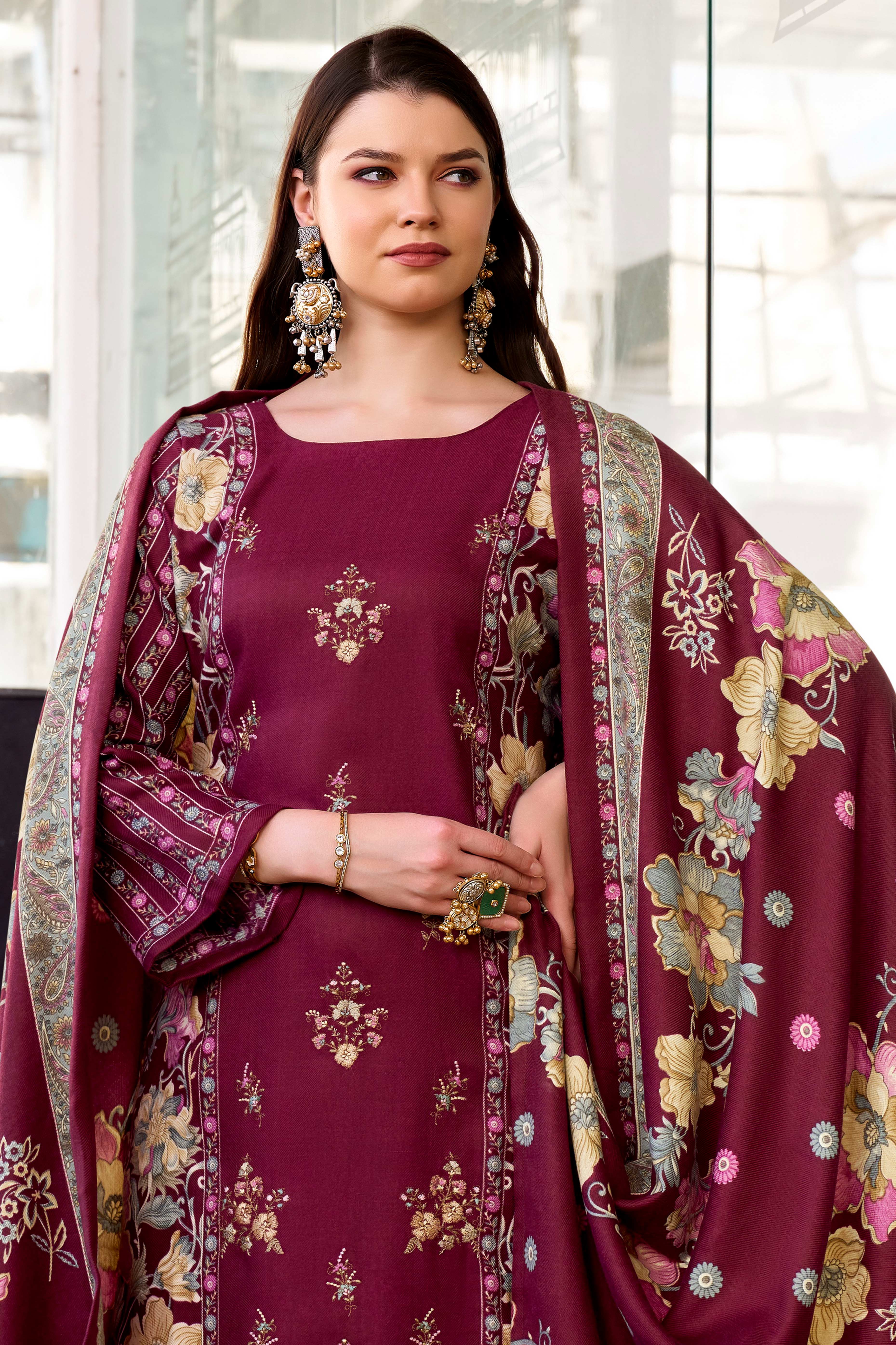 Maroon Floral Printed Pure Wool Pashmina Suit Material Ideal for Winter Fashion