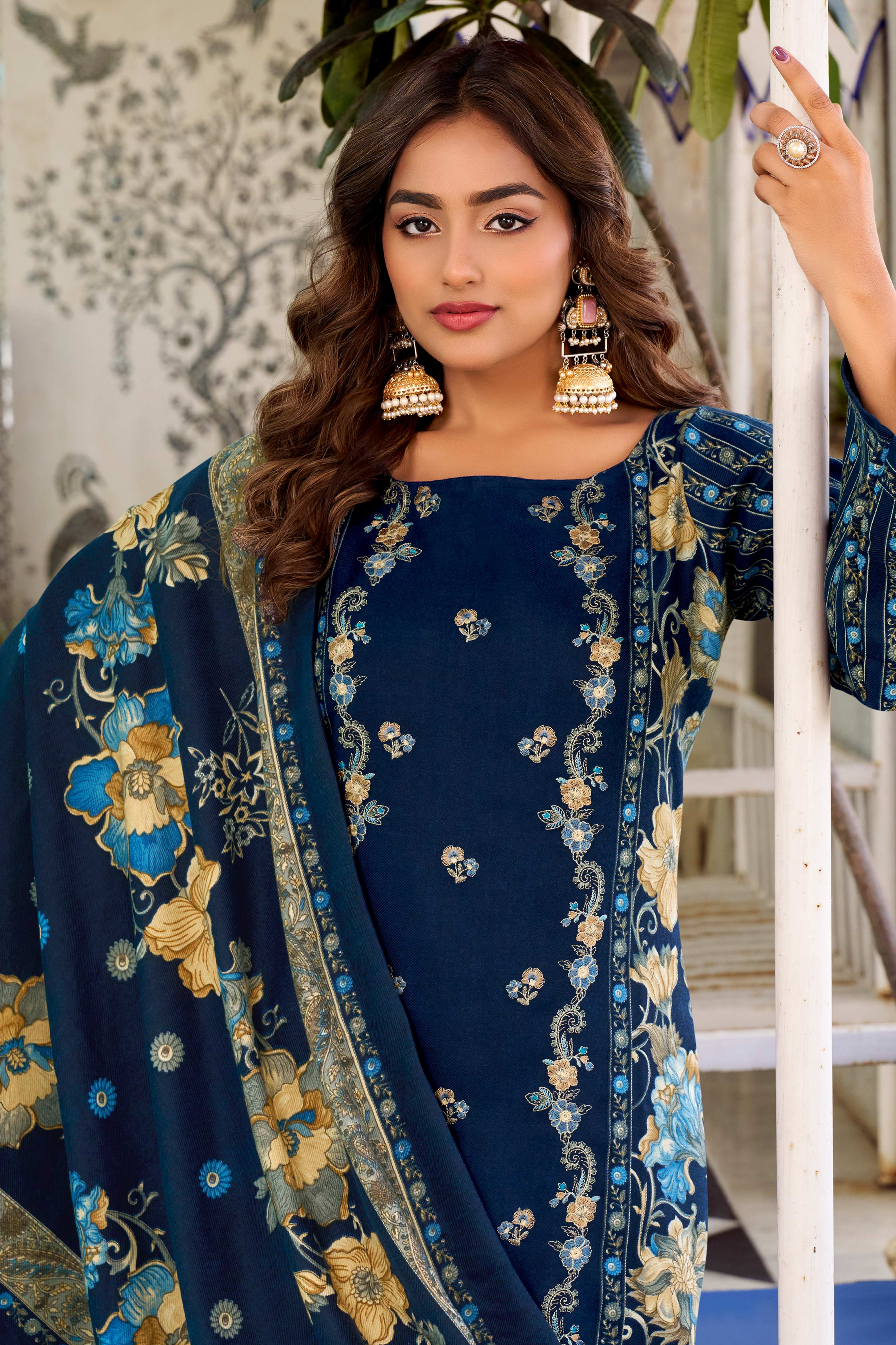 Navy Blue Floral Printed Pure Wool Pashmina Suit Material Ideal for Winter Fashion