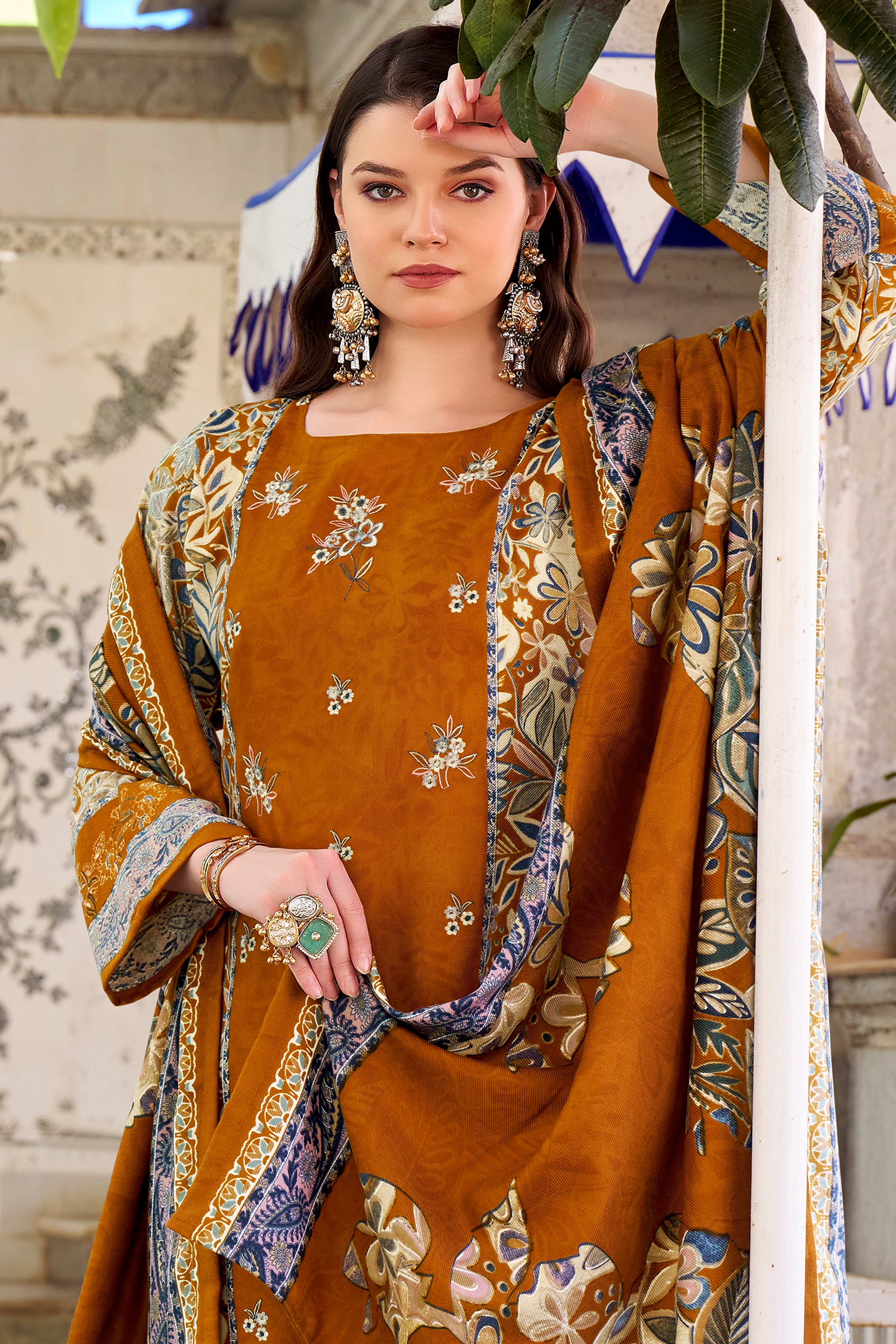 Mustard Floral Printed Pure Wool Pashmina Suit Material Ideal for Winter Fashion