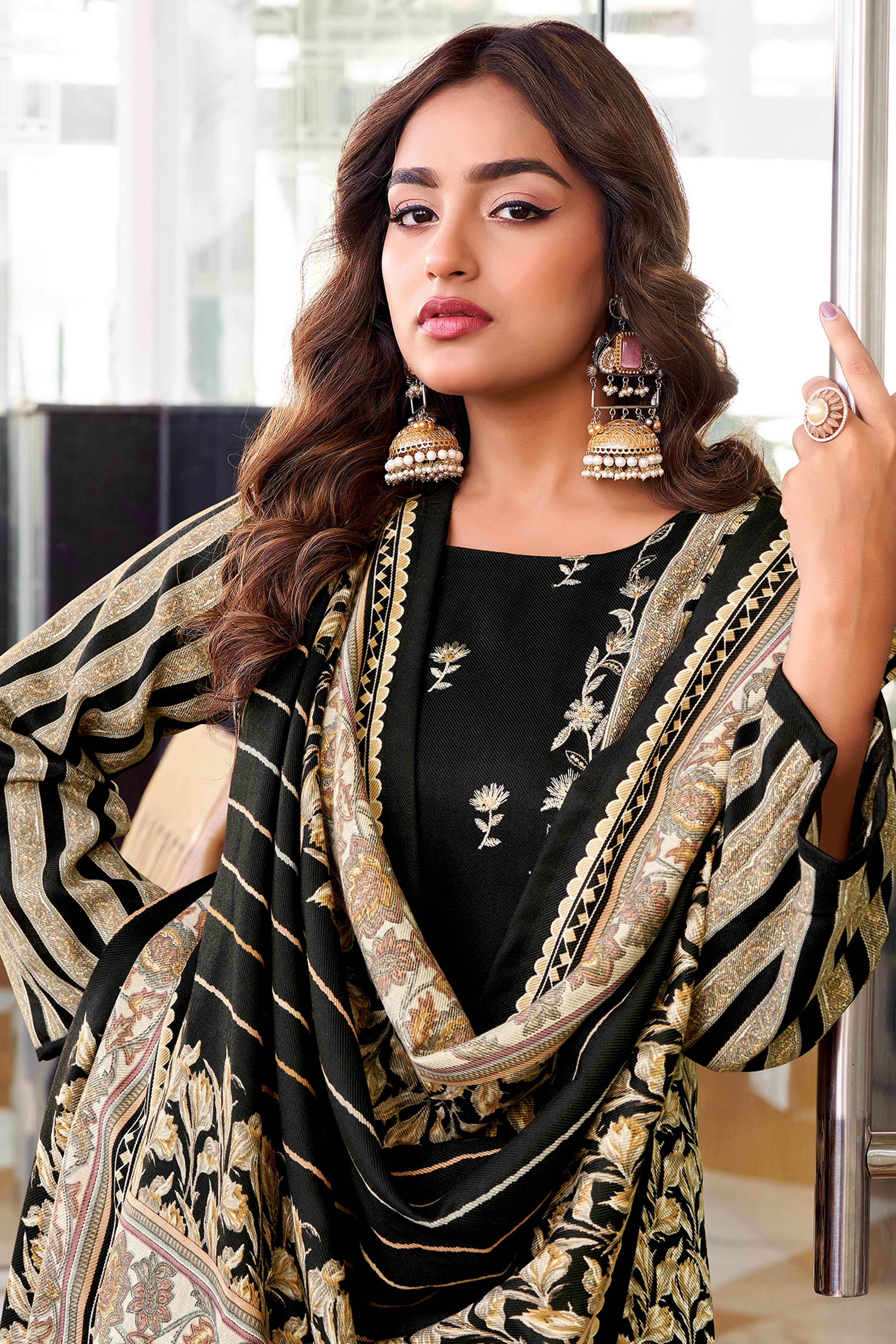 Black Floral Printed Pure Wool Pashmina Suit Material Ideal for Winter Fashion