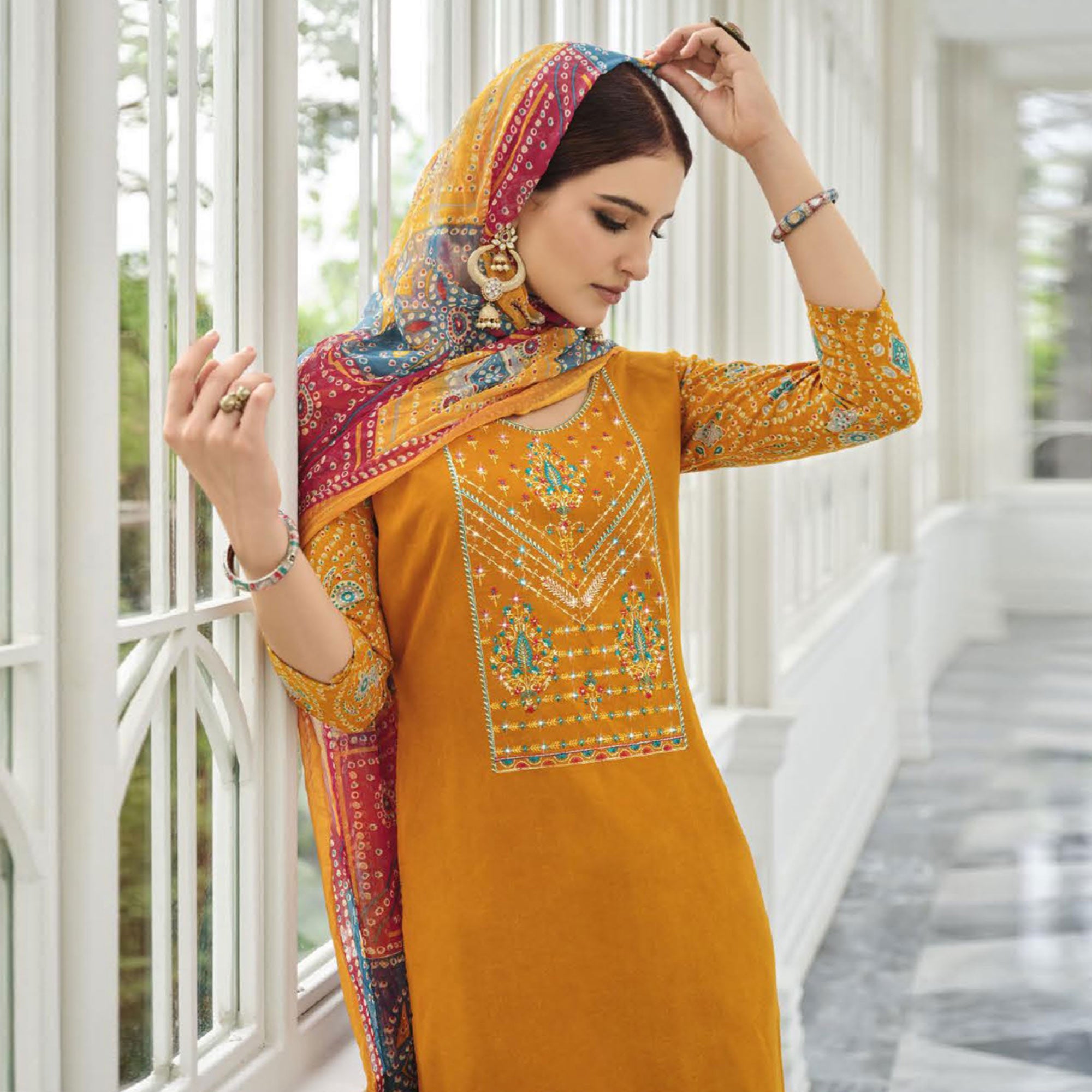 Orange Printed With Embroidered Rayon Suit