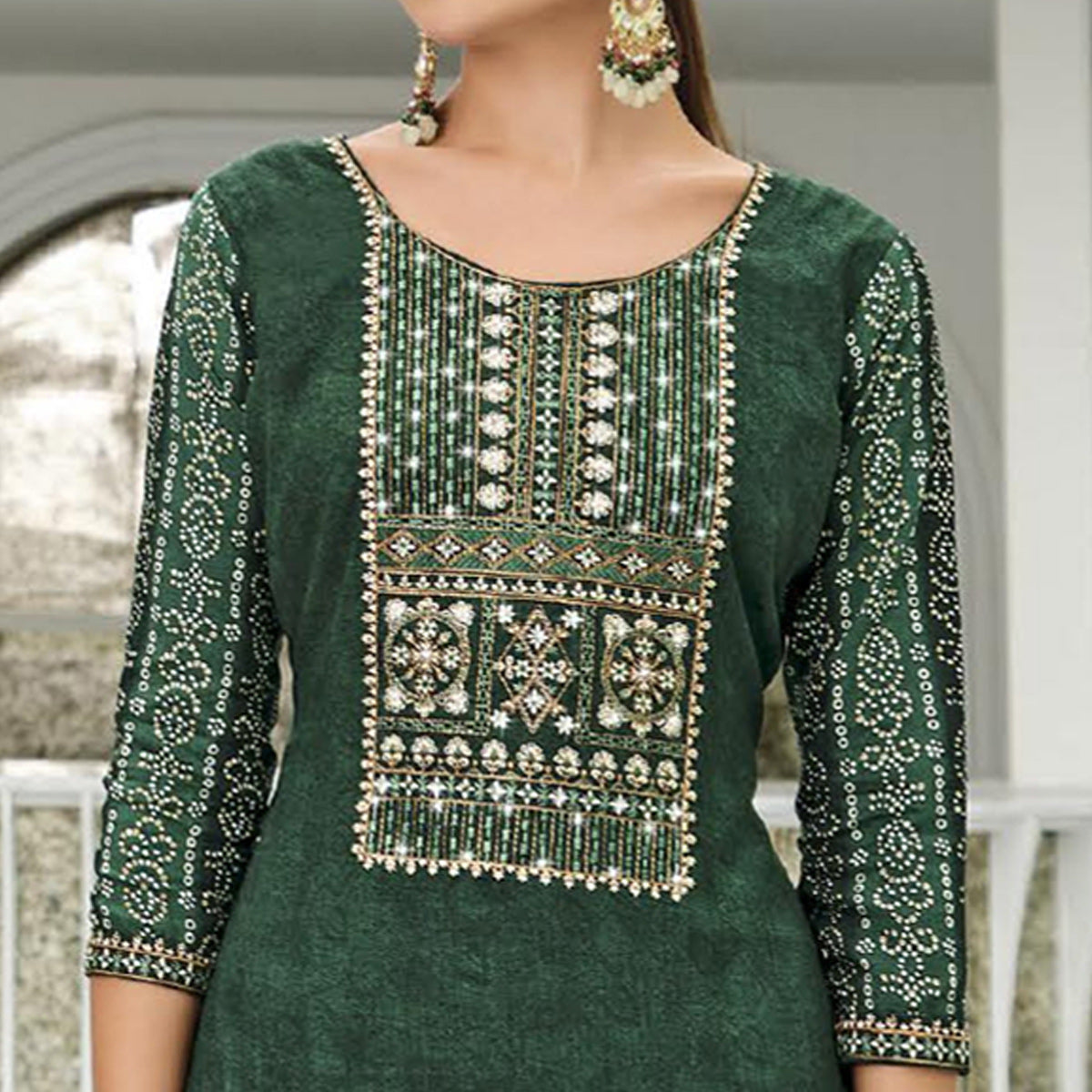 Green Printed With Embroidered Rayon Suit