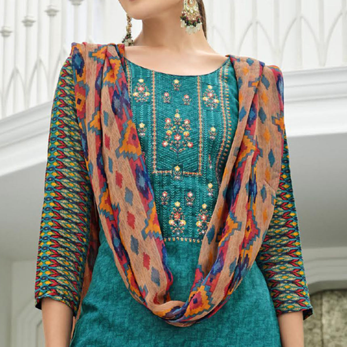 Teal Green Printed With Embroidered Rayon Suit