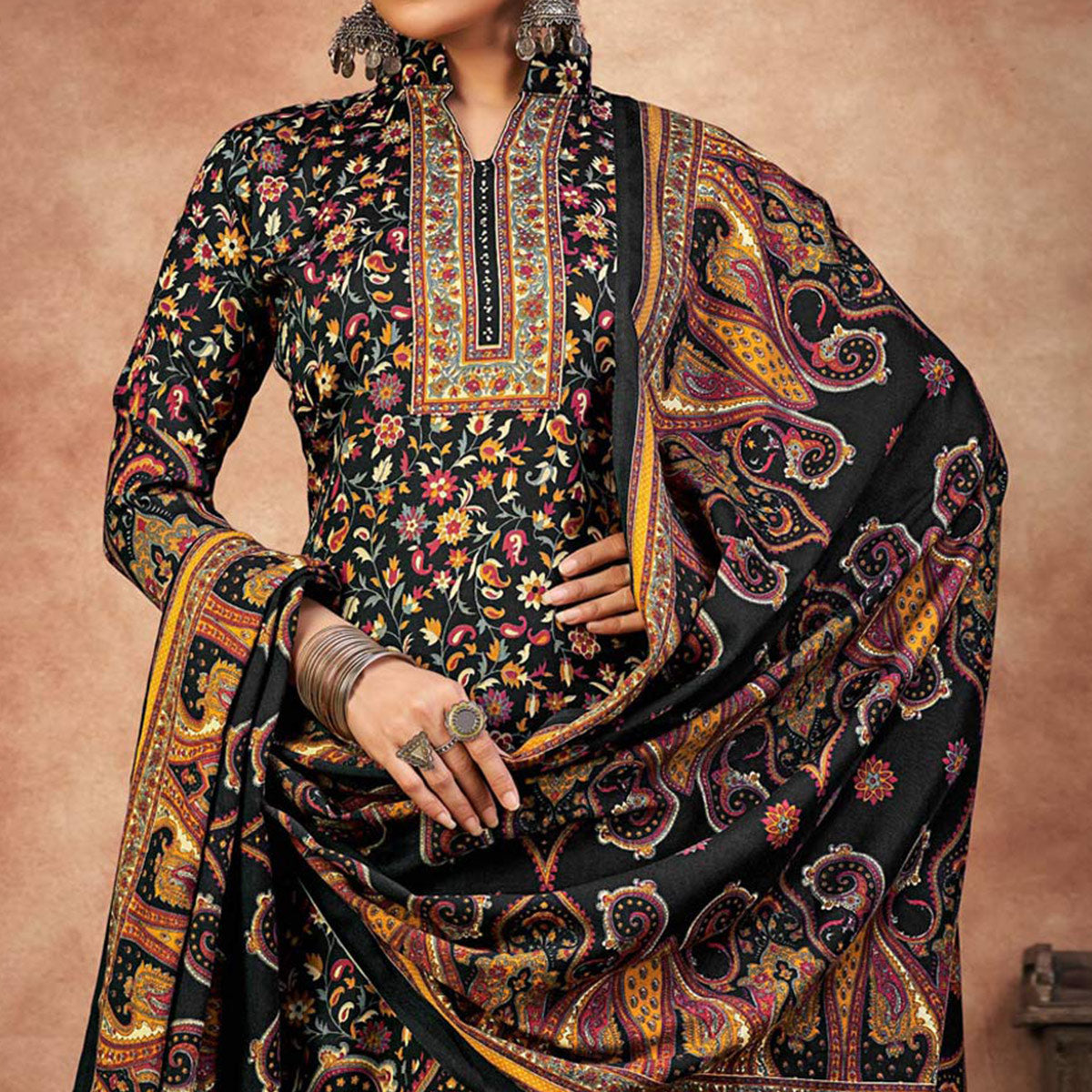Black Floral Printed With Swarovski Work Pashmina Suit