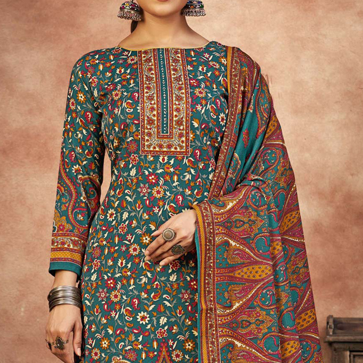 Rama Blue Floral Printed With Swarovski Work Pashmina Suit