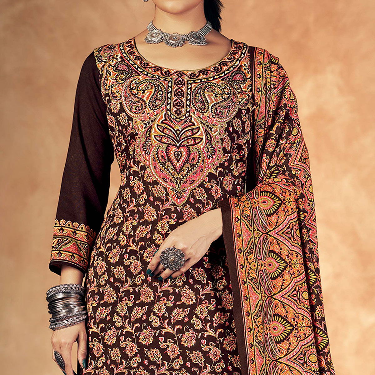 Brown Floral Printed Pashmina Woolen Suit