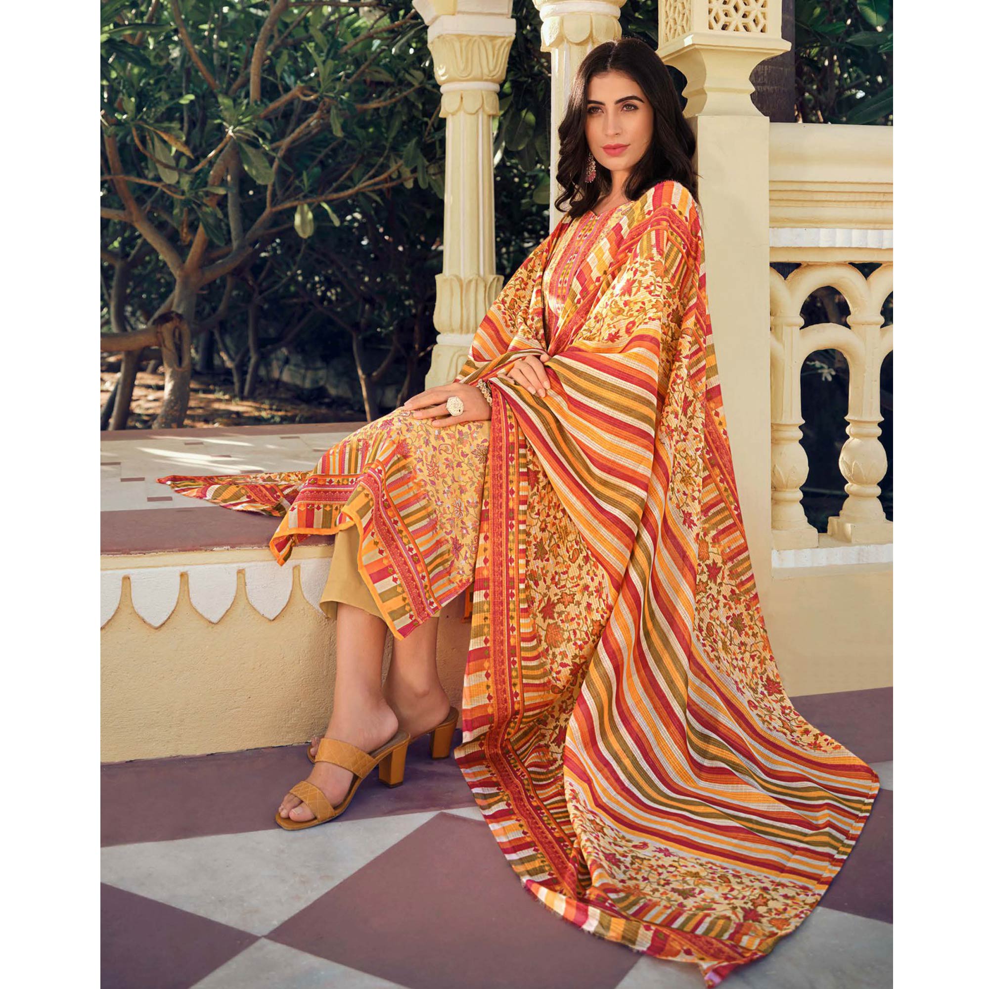 Orange Floral Printed Pure Cotton Suit