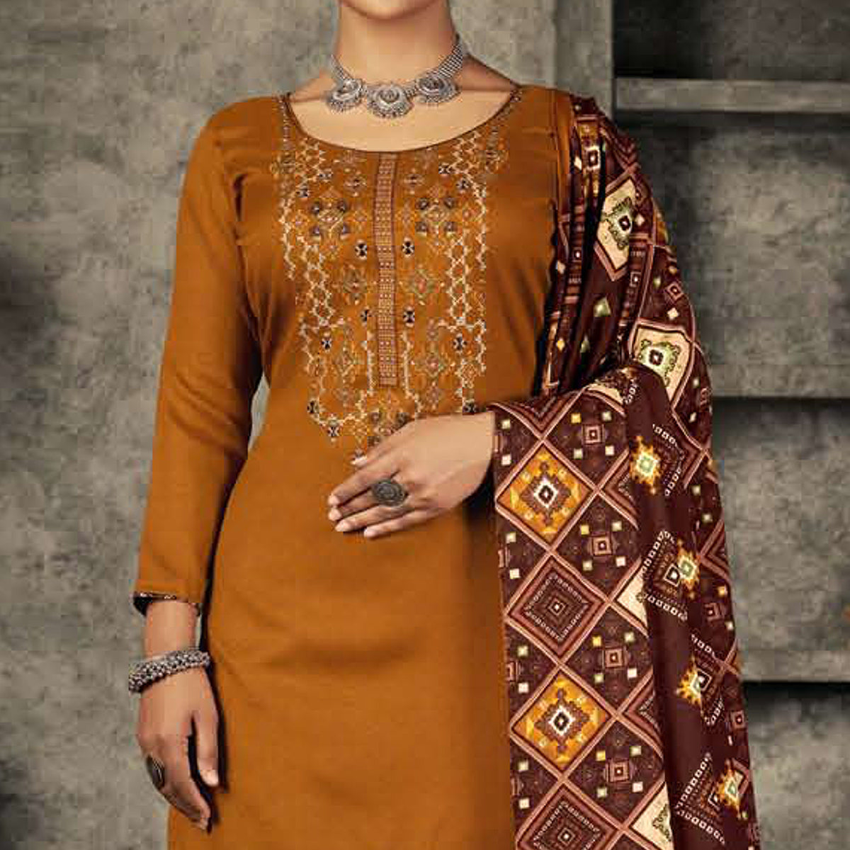 Mustard Floral Embroidered With Printed Pashmina Salwar Suit