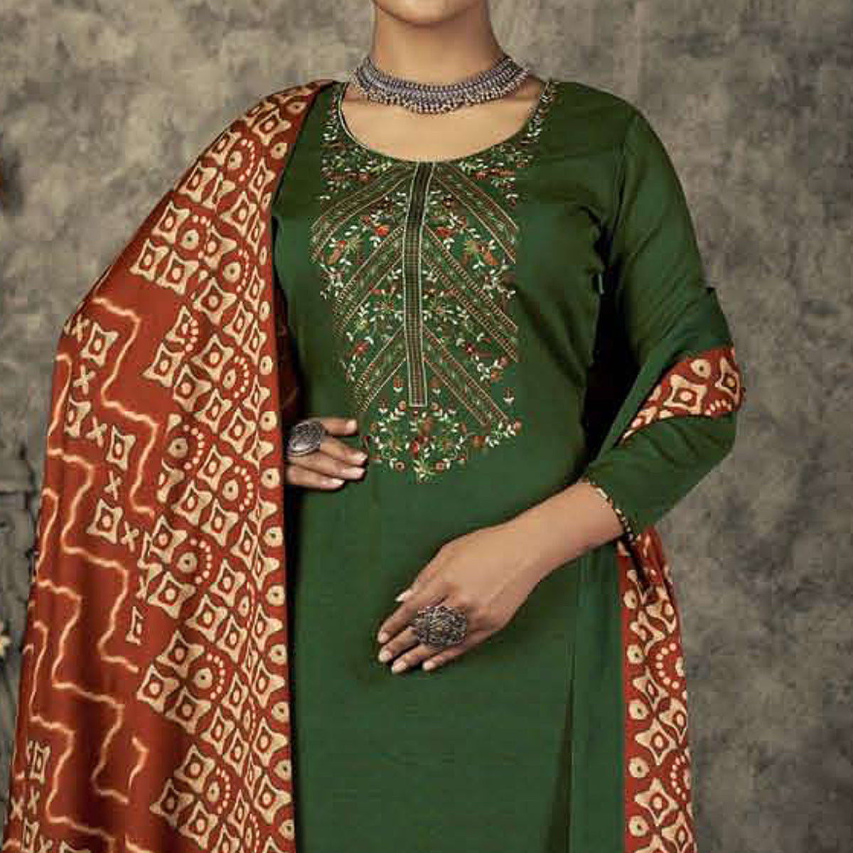 Green Floral Embroidered With Printed Pashmina Salwar Suit