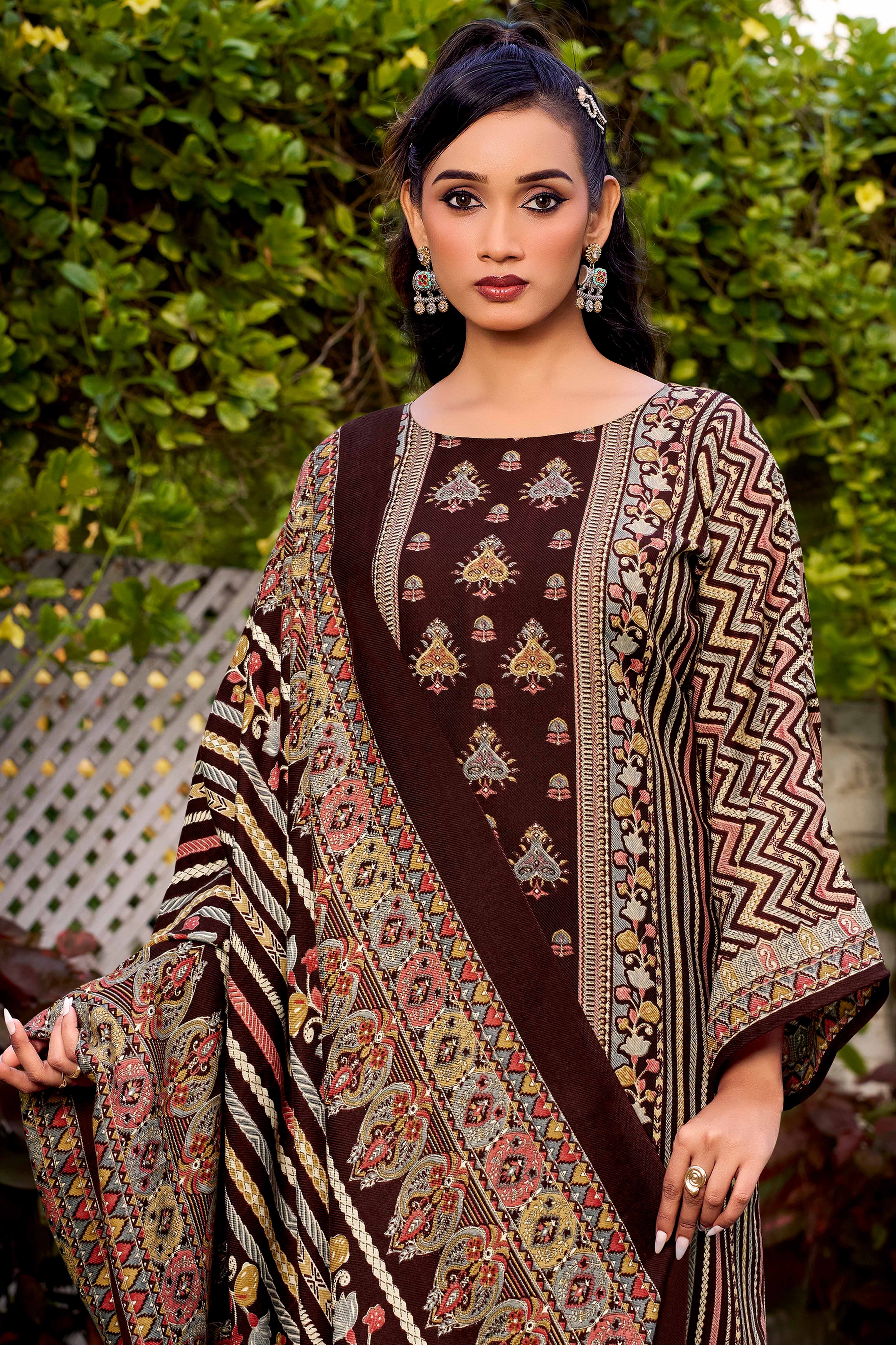 Elegant Coffee Brown Floral Printed Pure Pashmina Dress Material for Winter Wear