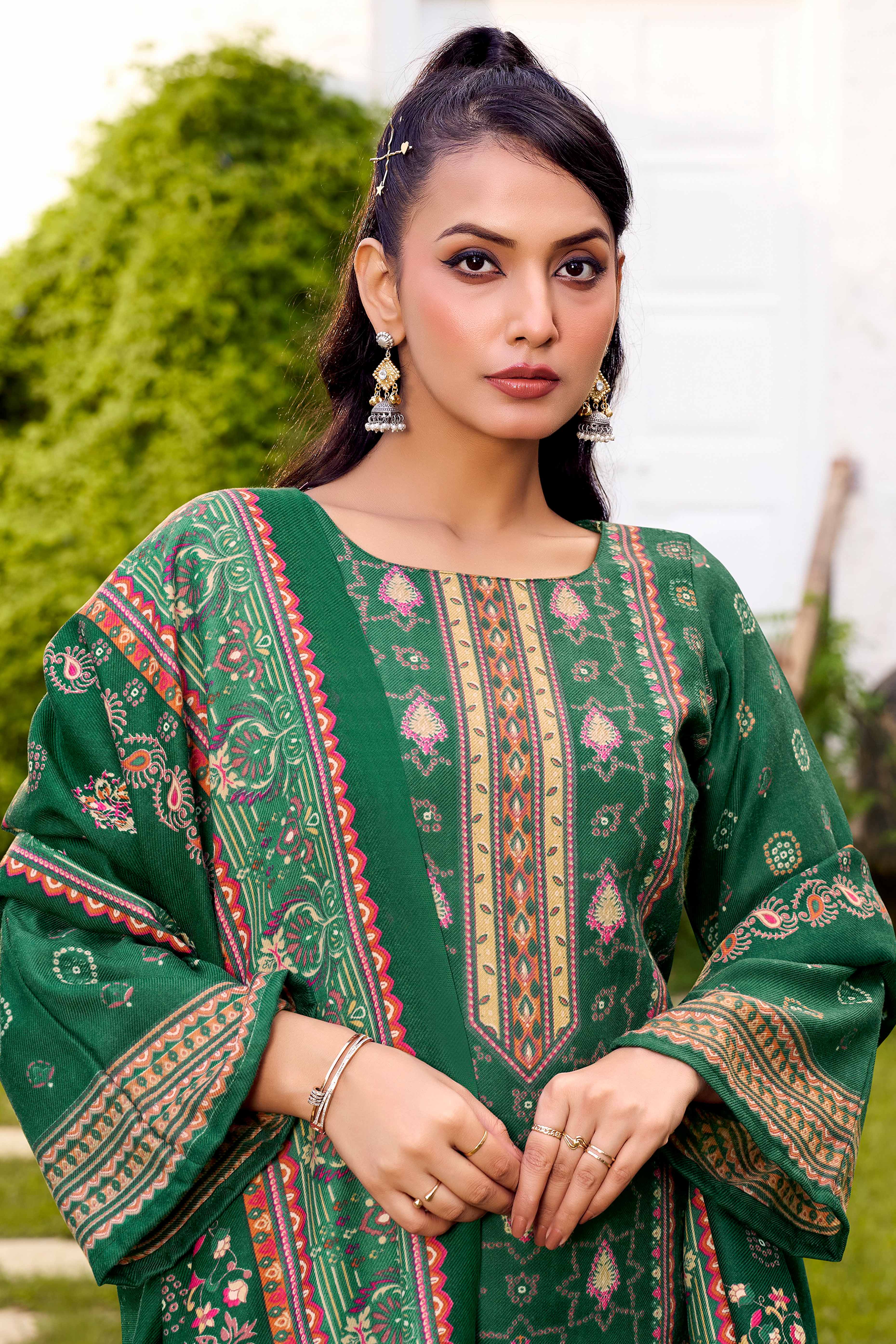 Elegant Emerald Green Floral Printed Pure Pashmina Dress Material for Winter Wear