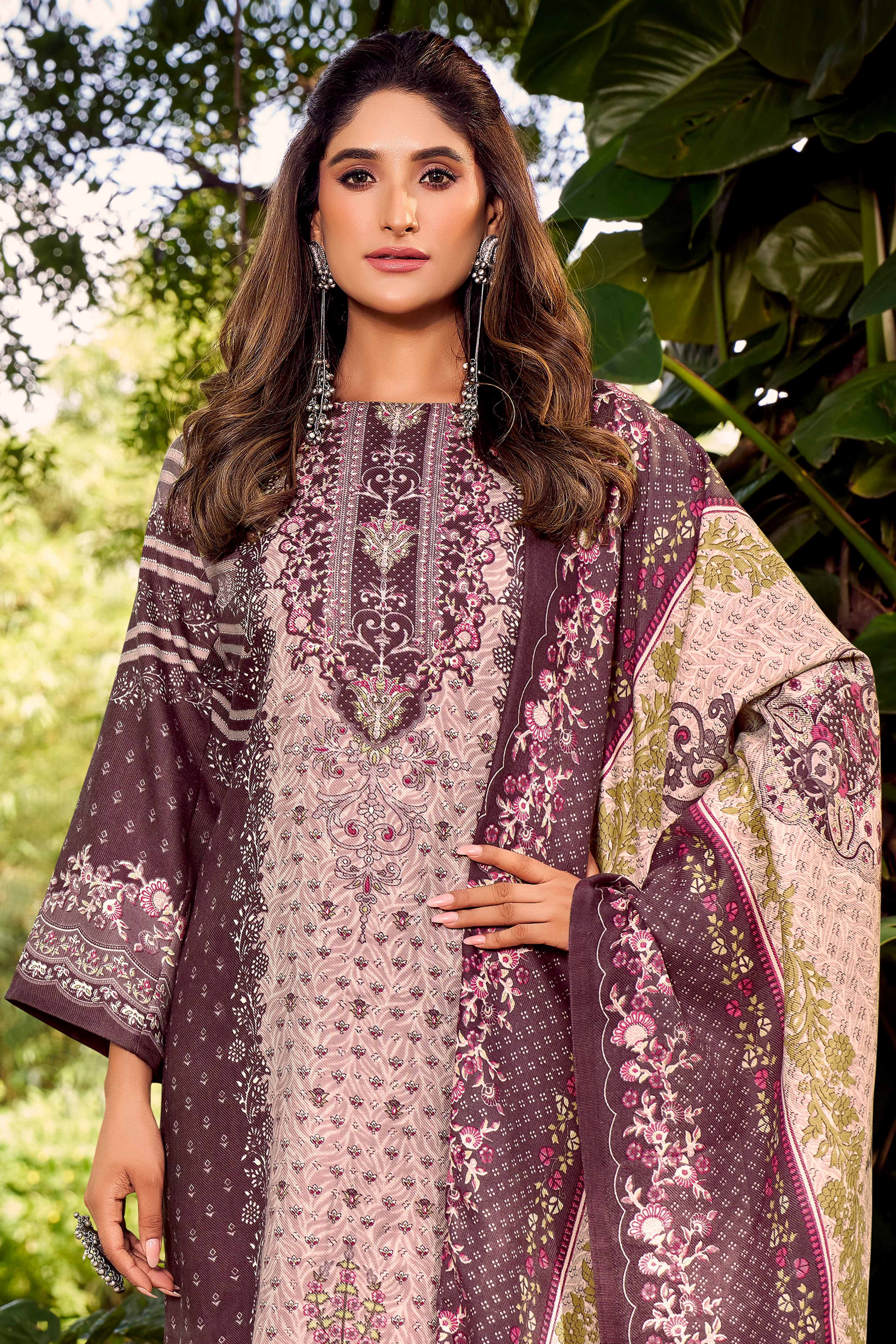 Elegant Mauve Floral Printed Pure Pashmina Dress Material for Winter Wear