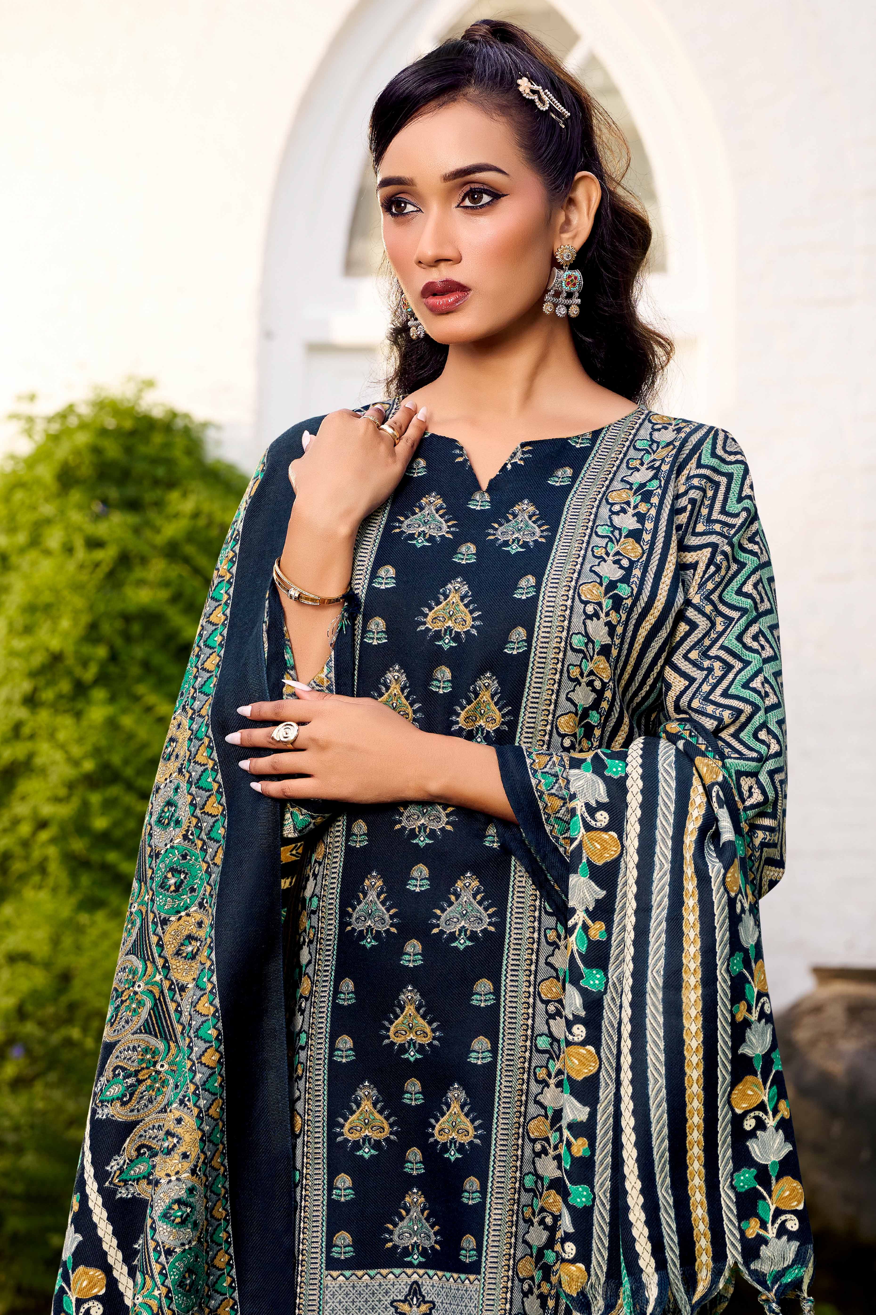 Elegant Navy Blue Floral Printed Pure Pashmina Dress Material for Winter Wear