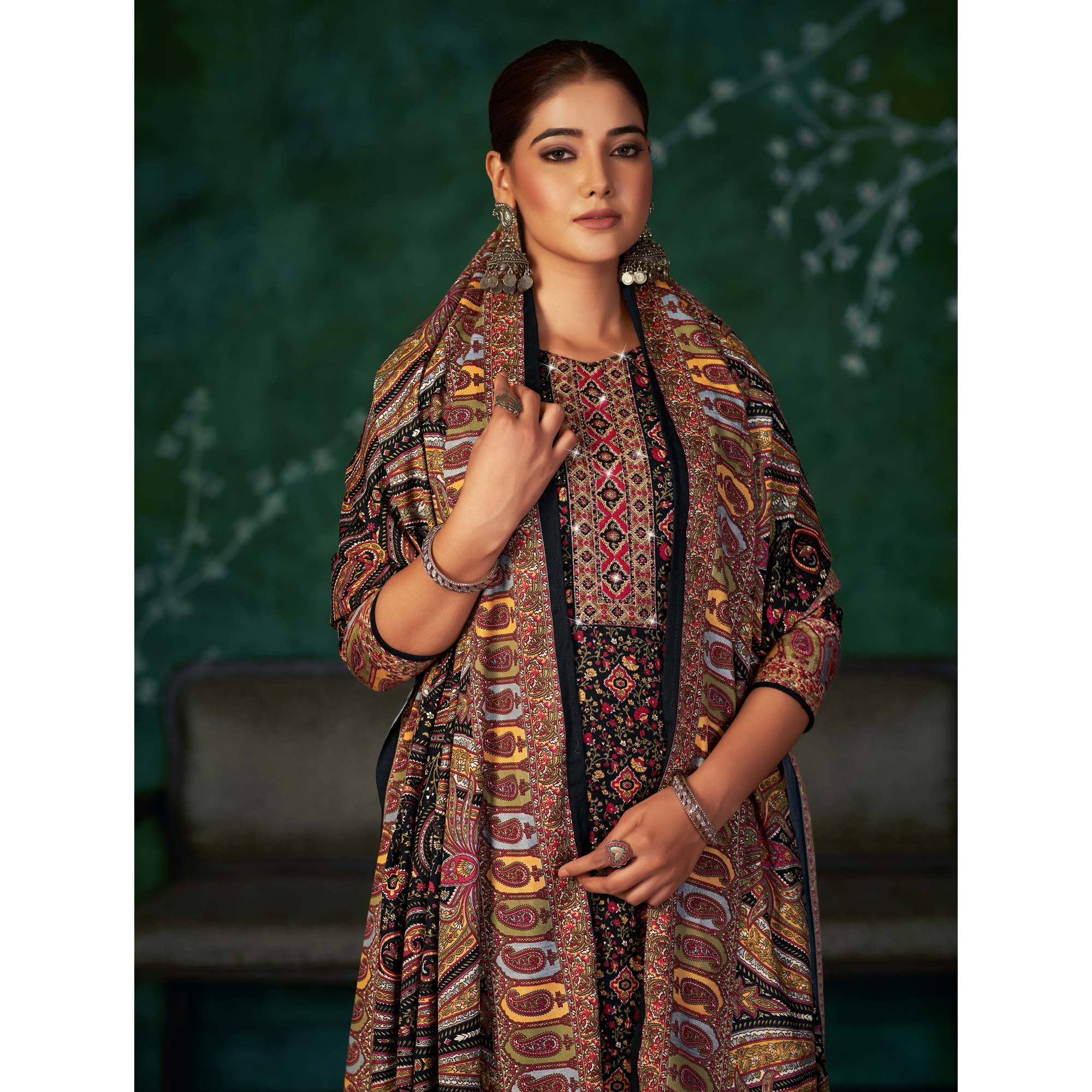 Black Floral Printed With Swarovski Work Pashmina Suit