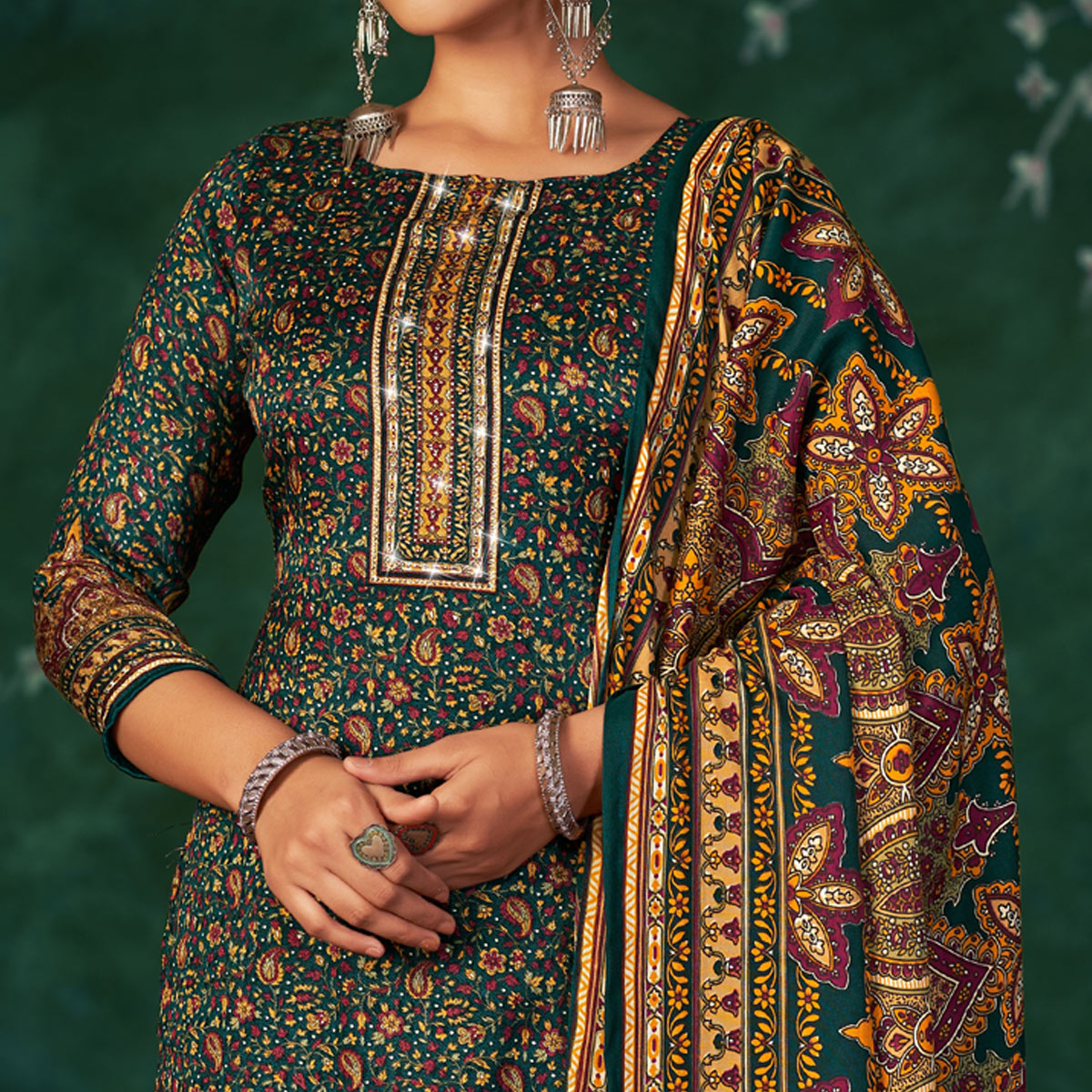 Morpich Floral Printed With Swarovski Work Pashmina Suit