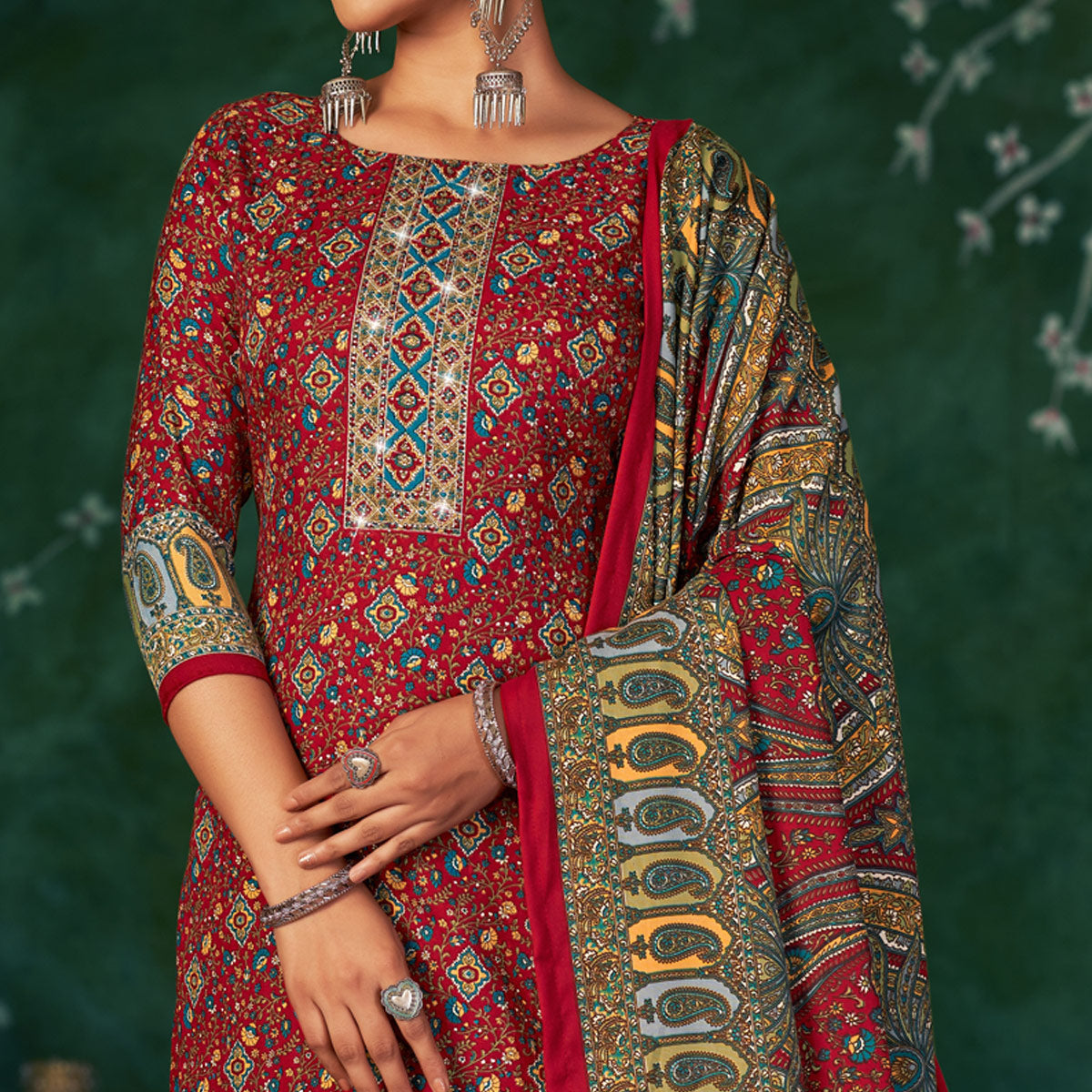 Red Floral Printed With Swarovski Work Pashmina Suit