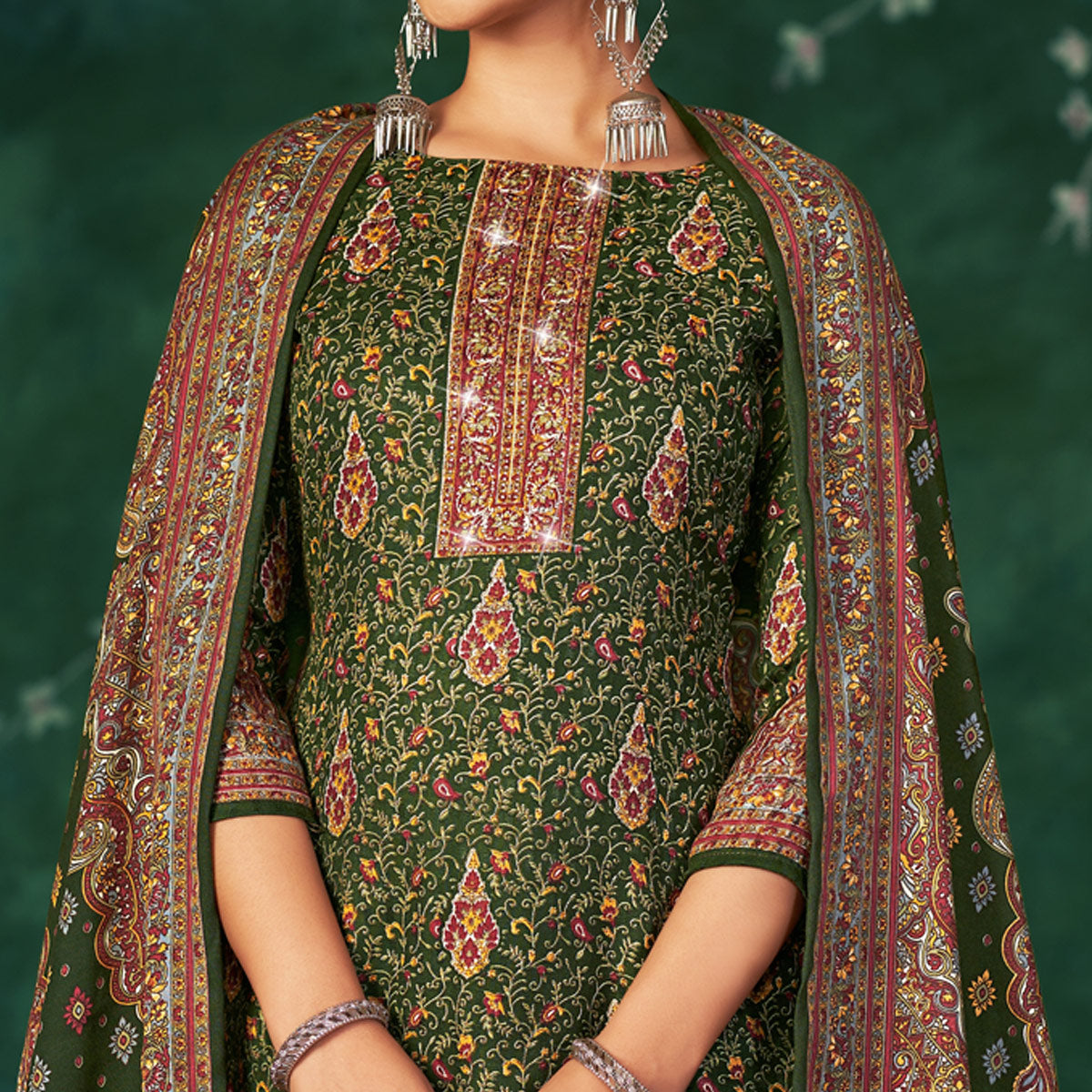 Green Floral Printed With Swarovski Work Pashmina Suit