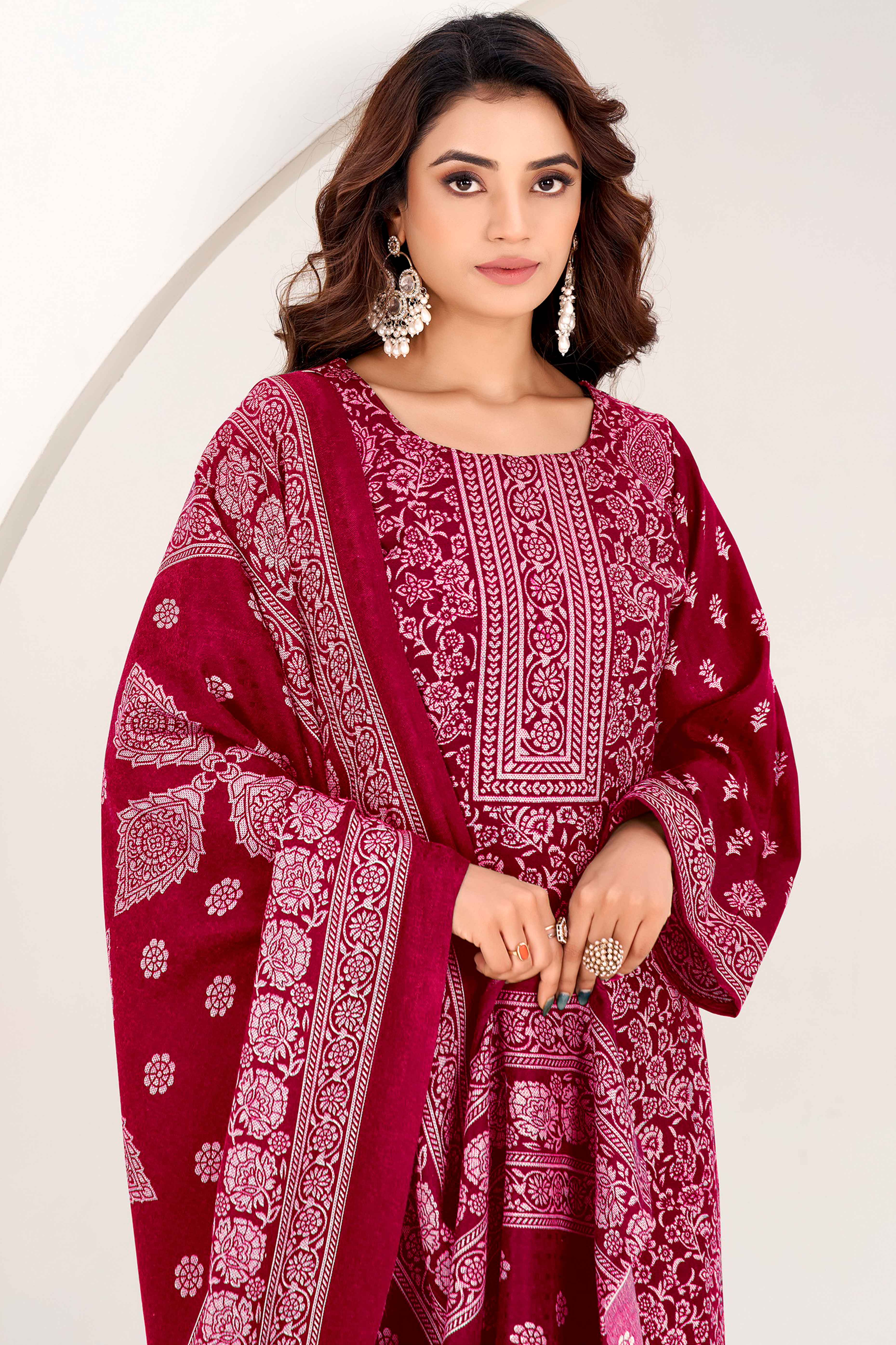 Maroon Floral Printed Pure Pashmina Soft & Warm Dress Material for Winter