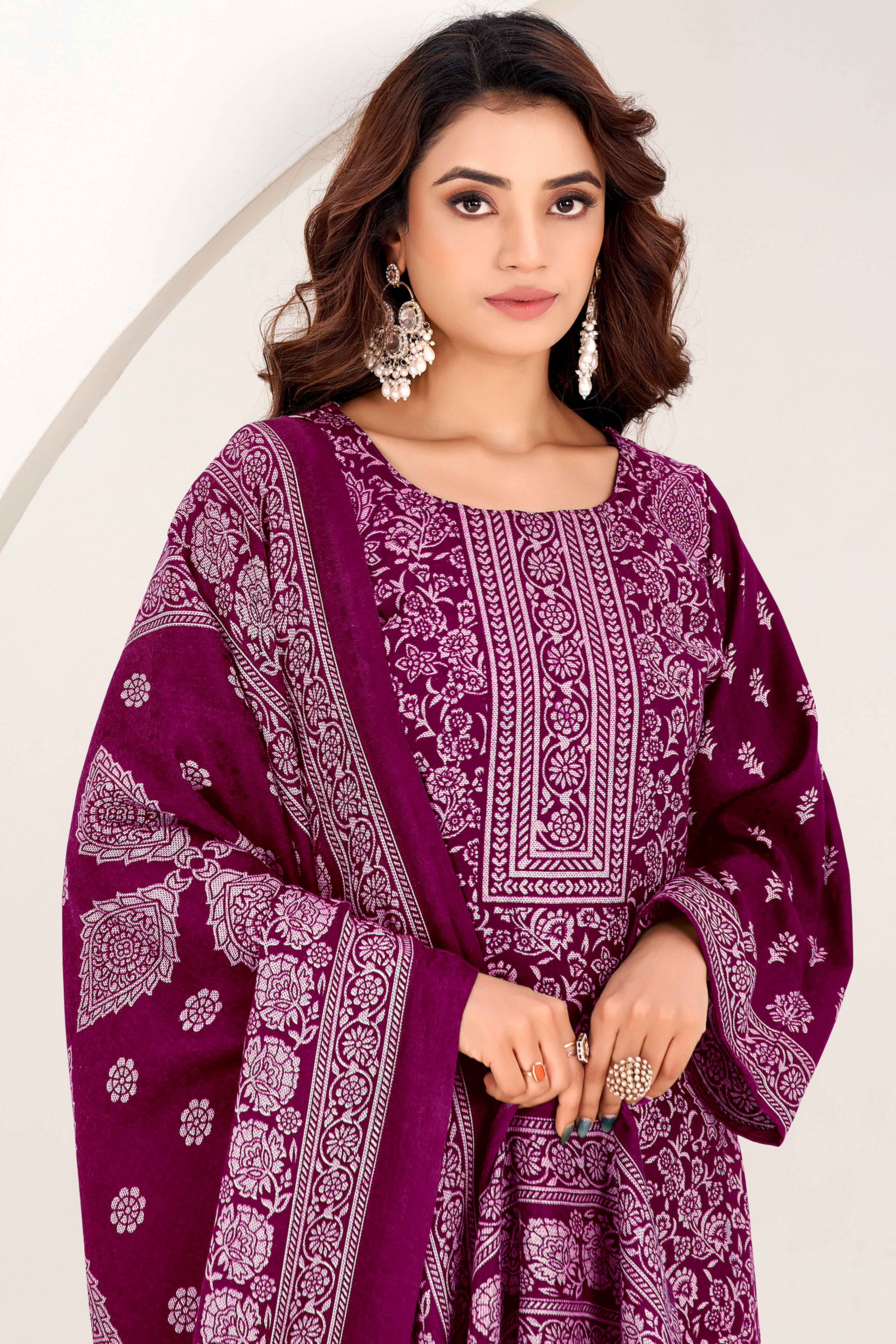 Magenta Floral Printed Pure Pashmina Soft & Warm Dress Material for Winter