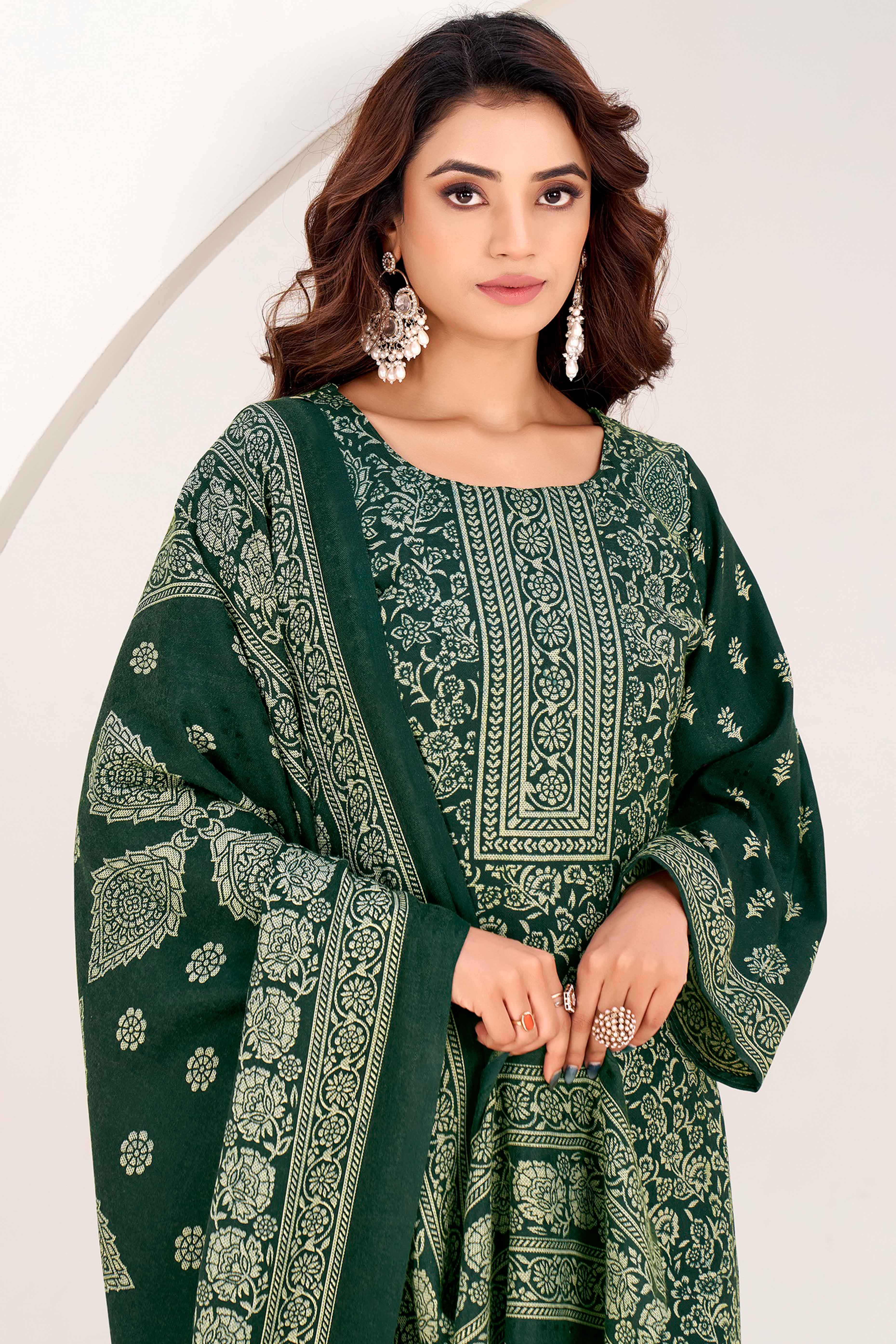 Green Floral Printed Pure Pashmina Soft & Warm Dress Material for Winter