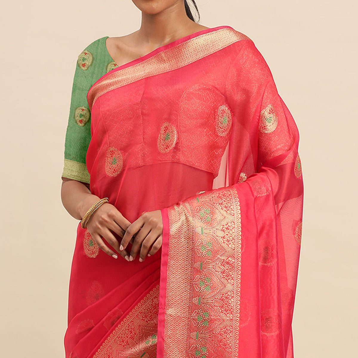 Rani Pink Woven Organza Saree