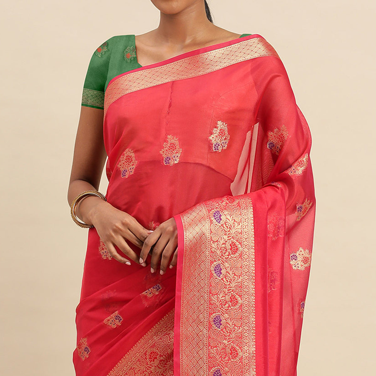 Rani Pink Woven Organza Saree