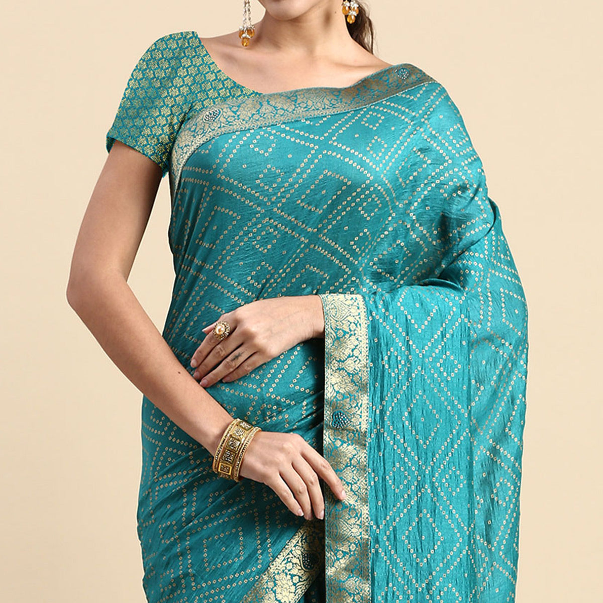 Blue Foil Printed With Swarovski Vichitra Silk Saree