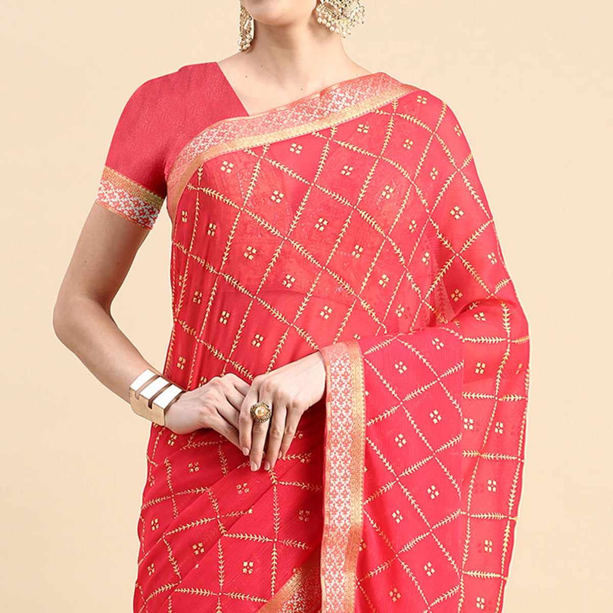 Pink Floral Foil Printed Zomato Saree