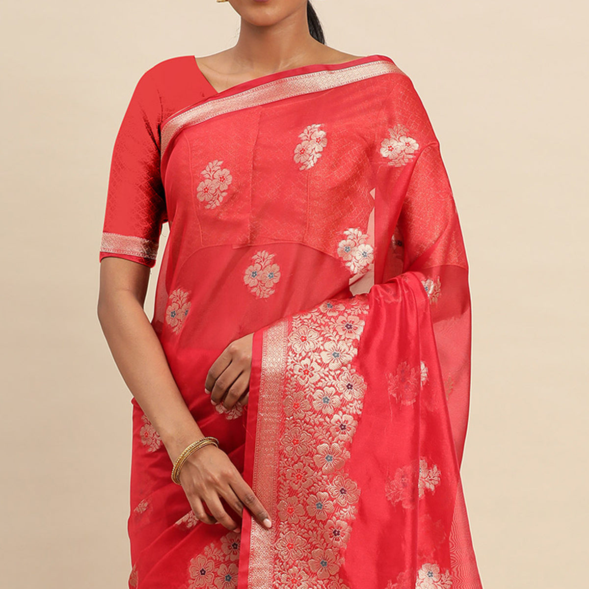 Rani Pink Woven Organza Saree