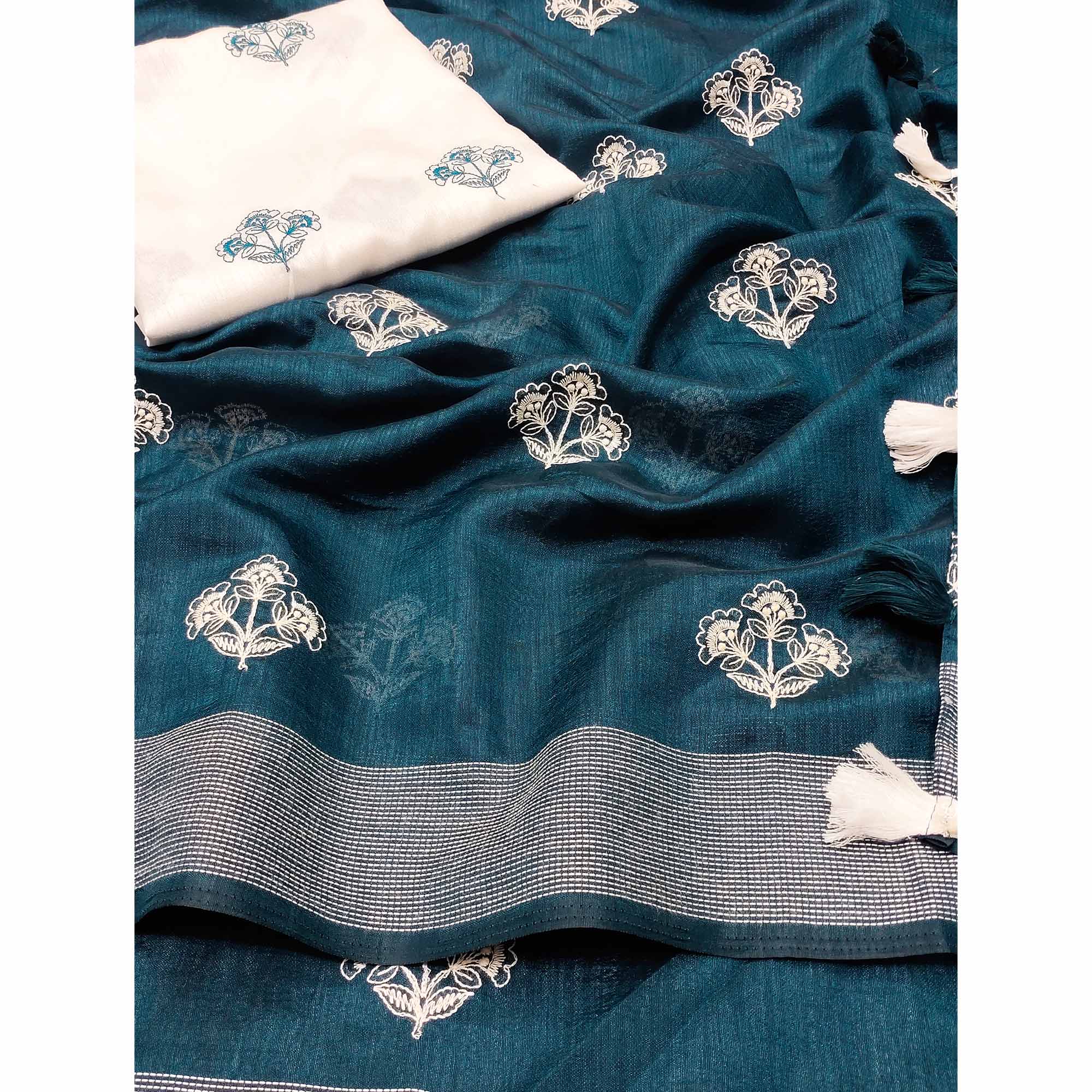 Morpich Floral Embroidered Raw Silk Saree