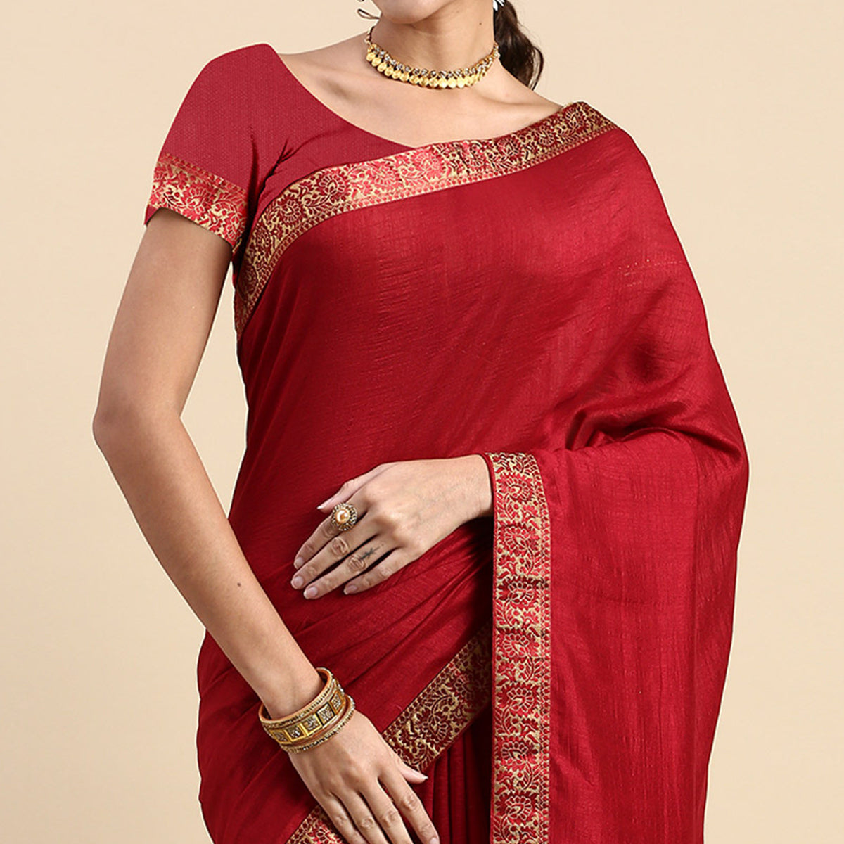Maroon Swaroski Work Vichitra Silk Saree
