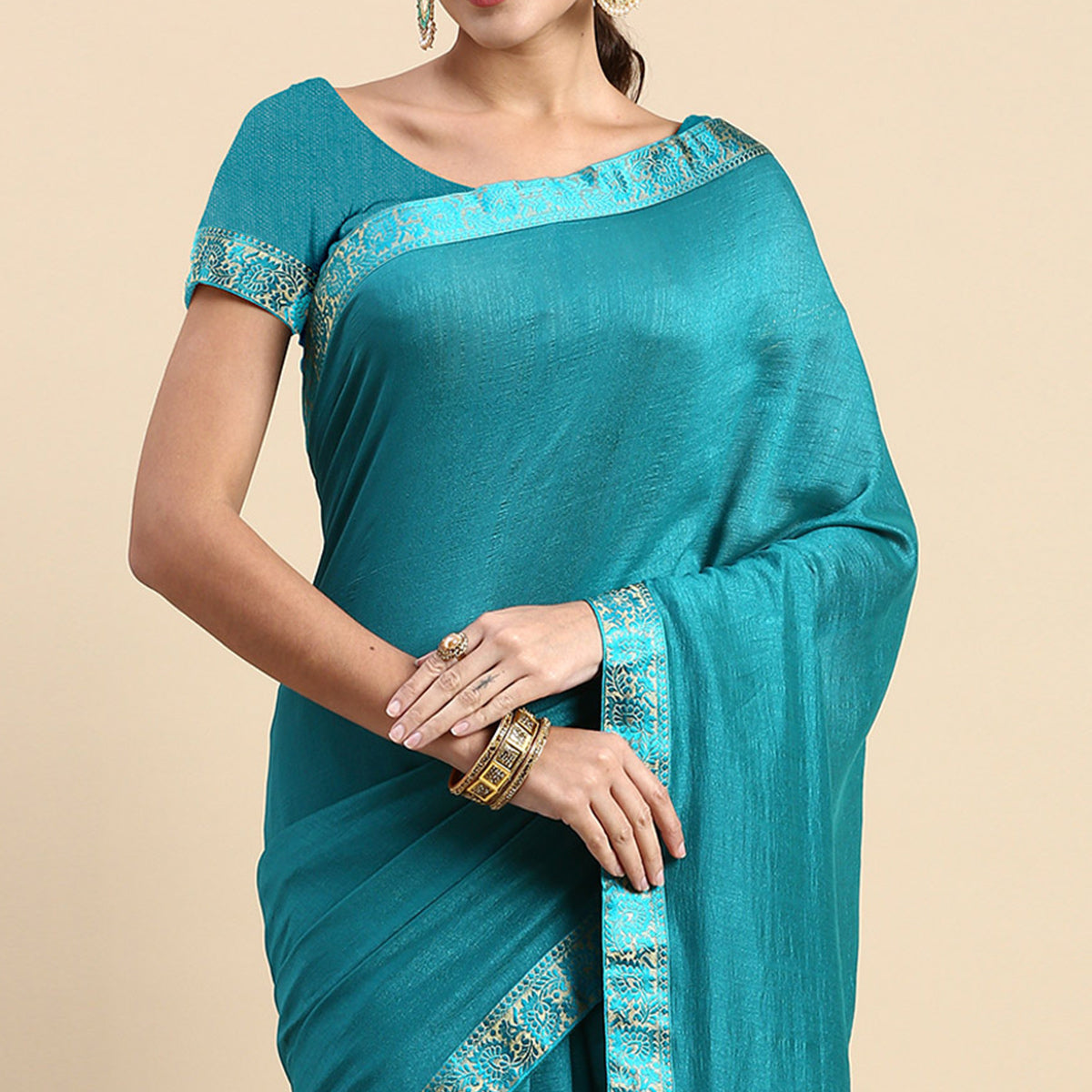 Turquoise Blue Swaroski Work Vichitra Silk Saree