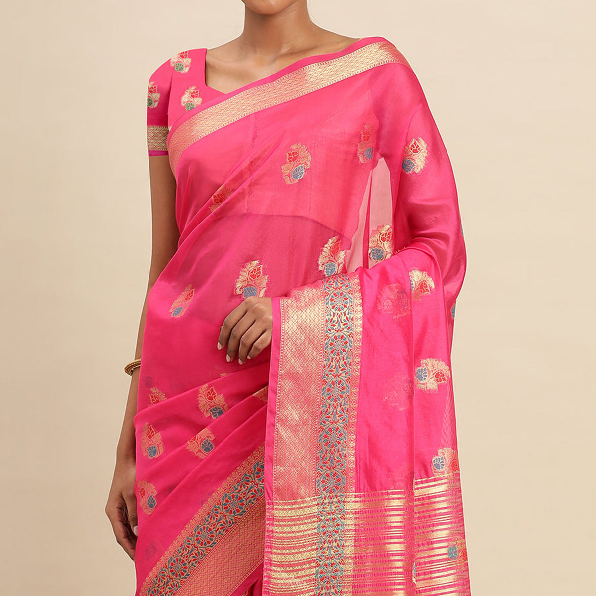 Rani Pink Woven Organza Saree