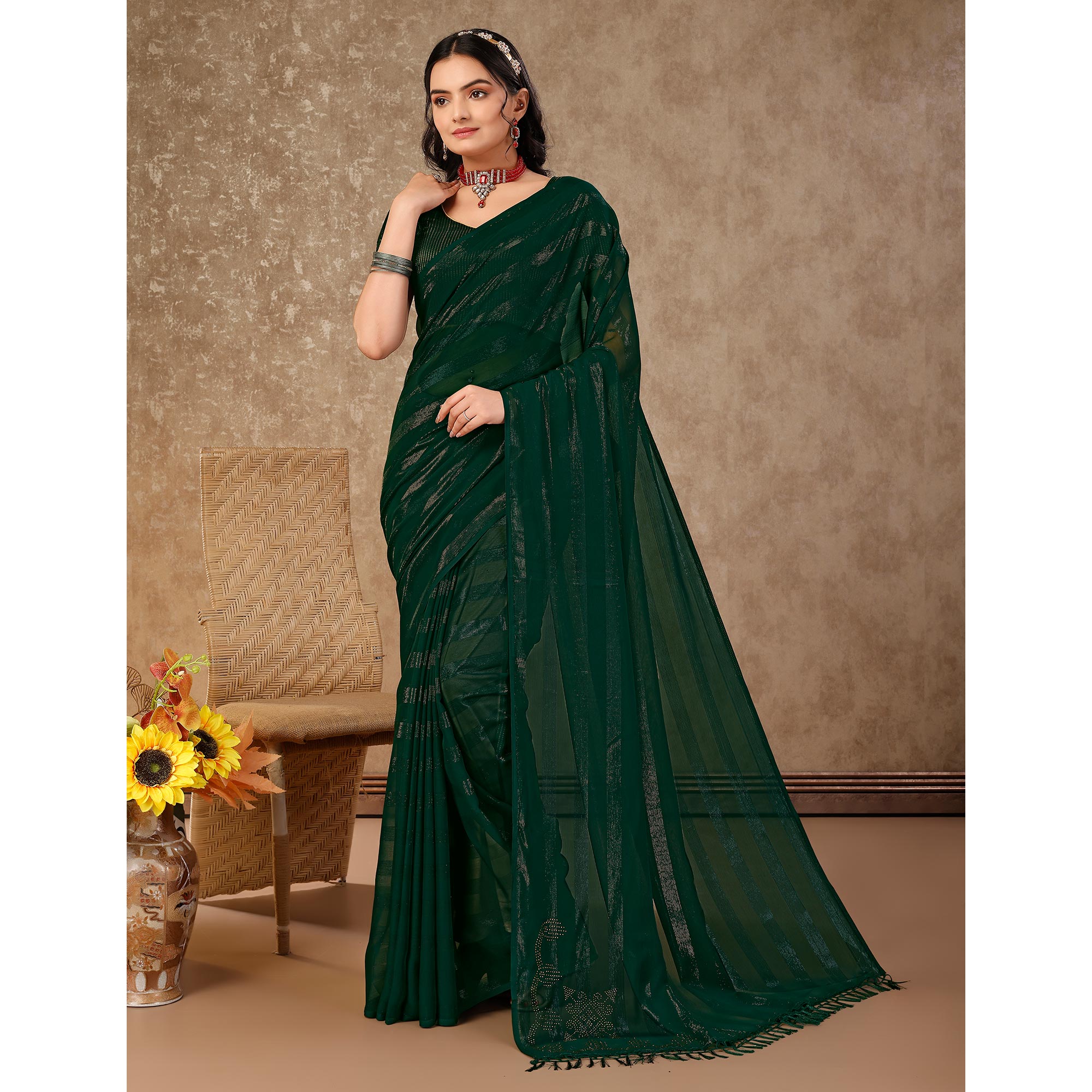 Green Swarovski Work Chiffon Saree With Tassels