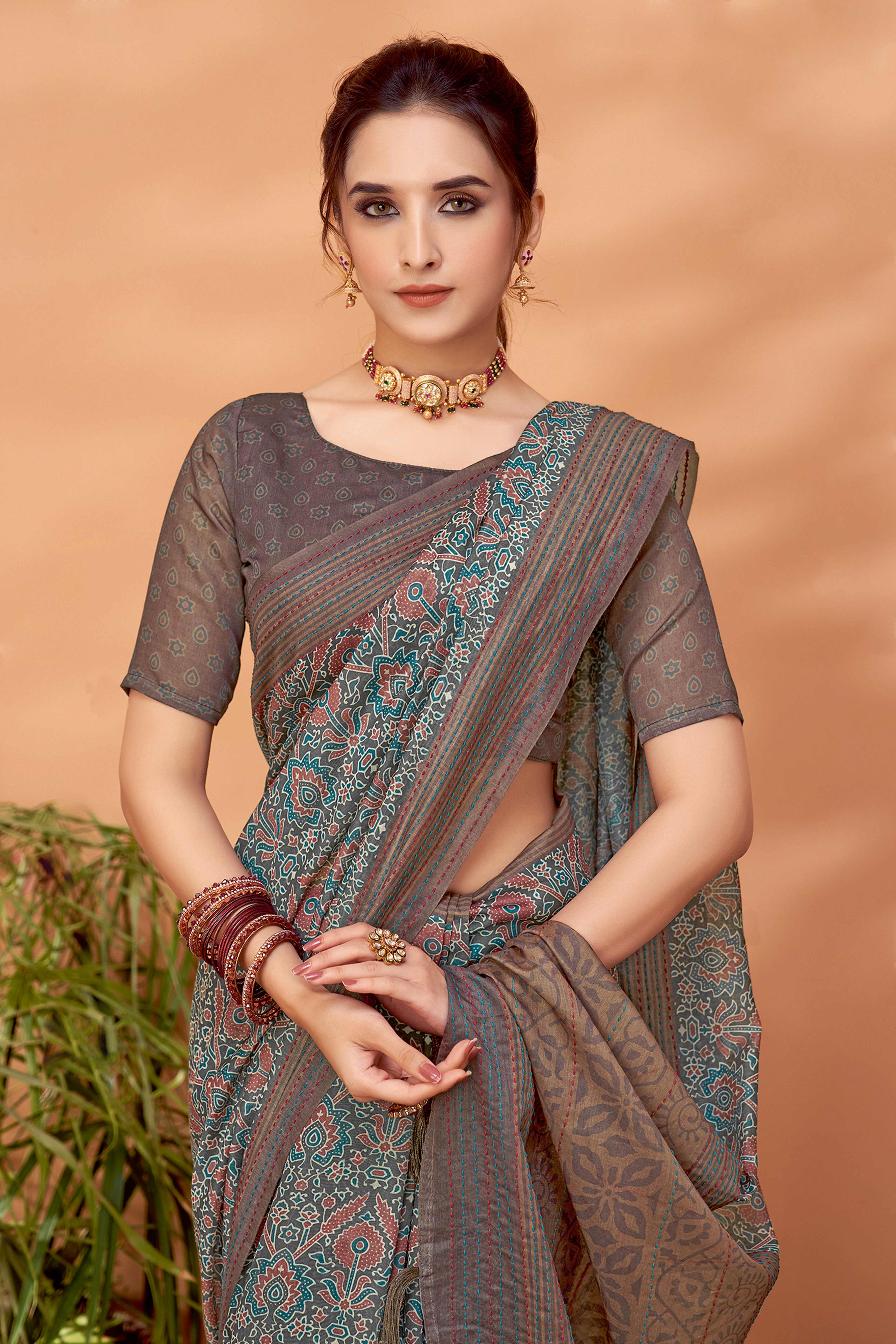Rustic Brown Handfeel Cotton Silk Saree Adorned with Traditional Ajrakh Motifs
