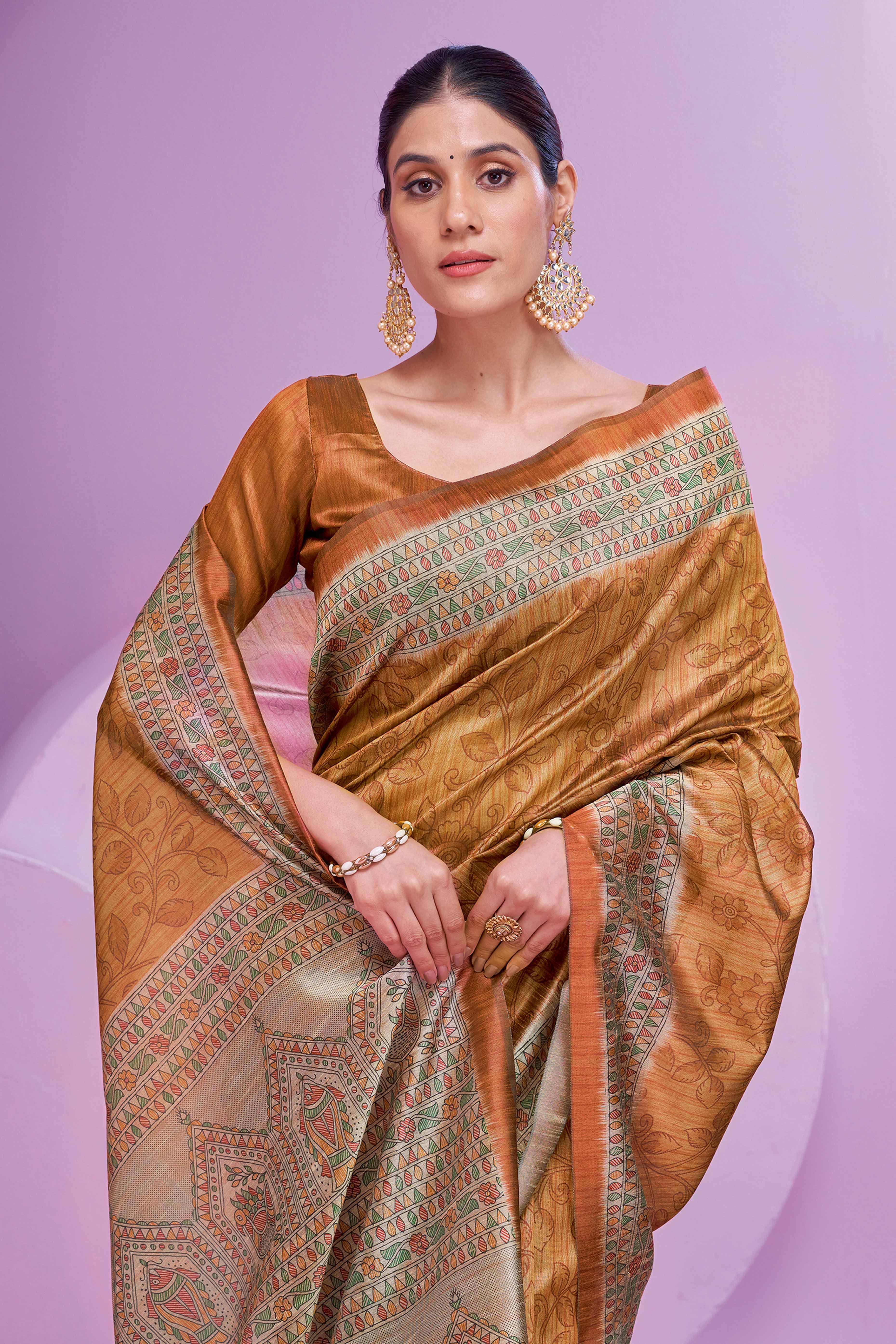 Brown Ethnic Cotton Silk Saree Adorned with Madhubani Florals Print