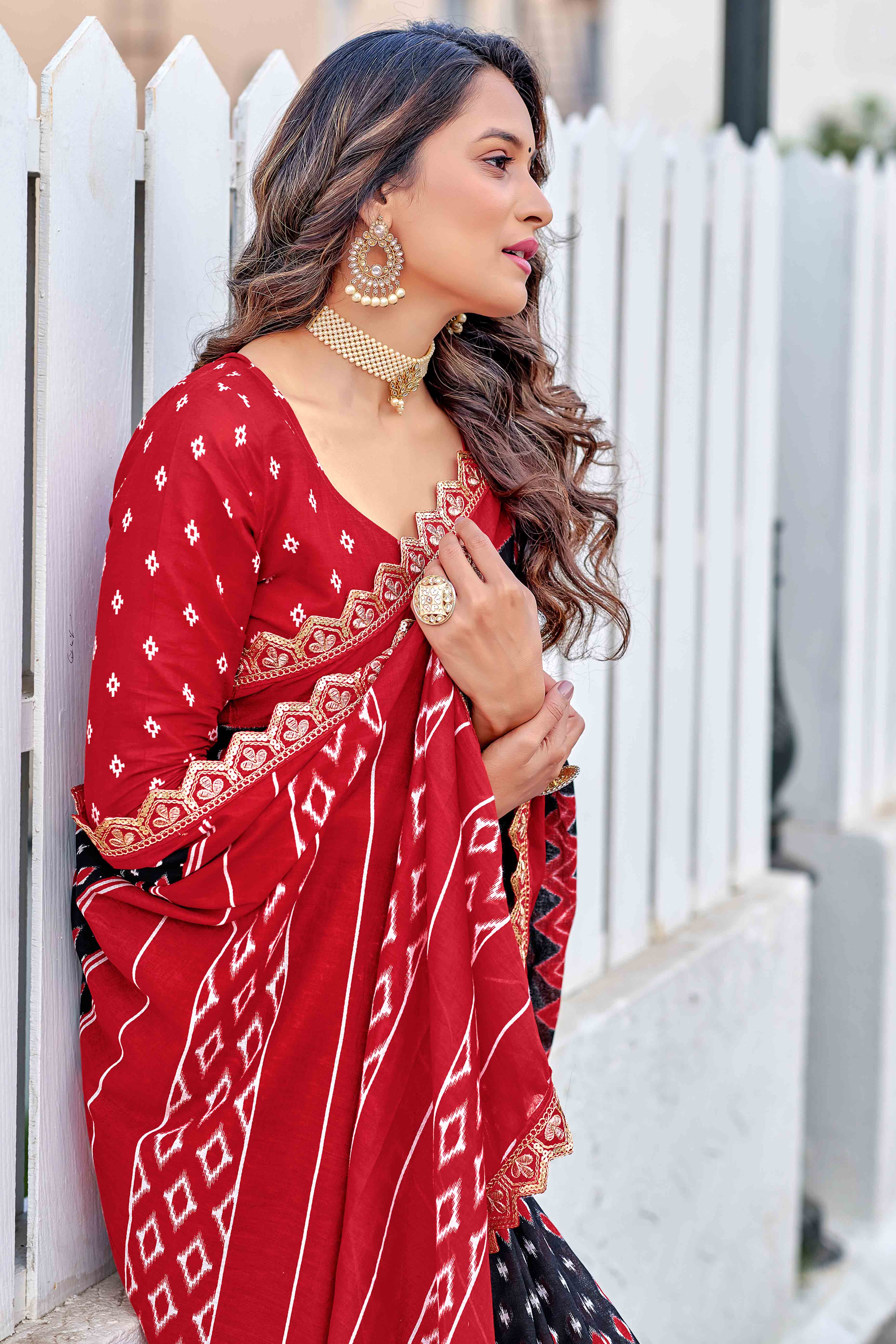 Mulmul Cotton Black & Red Ikkat Saree with Embroidered Lace Detailing