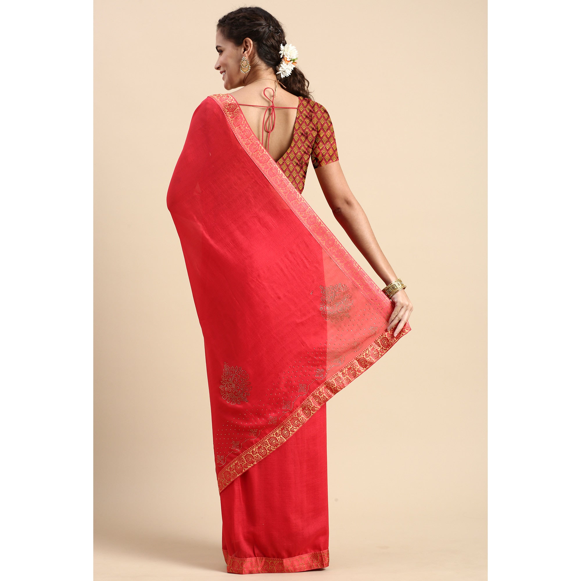Pink Swaroski Work Vichitra Silk Saree
