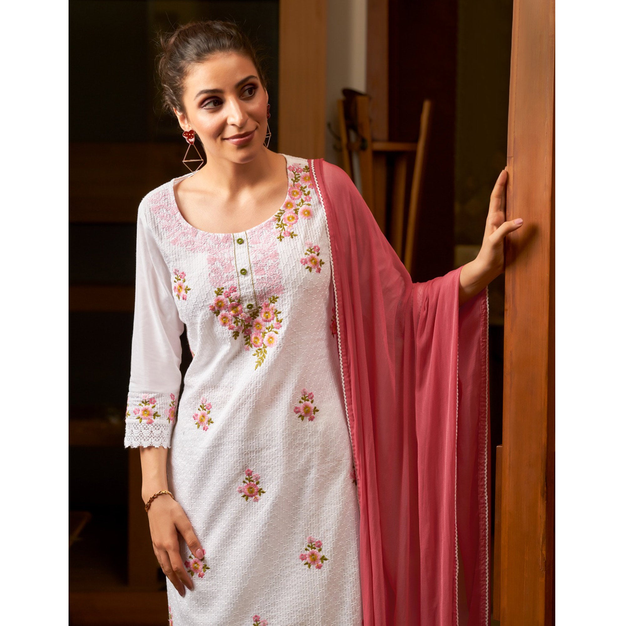 White & Pink Floral Embroidered Pure Cotton Salwar Suit