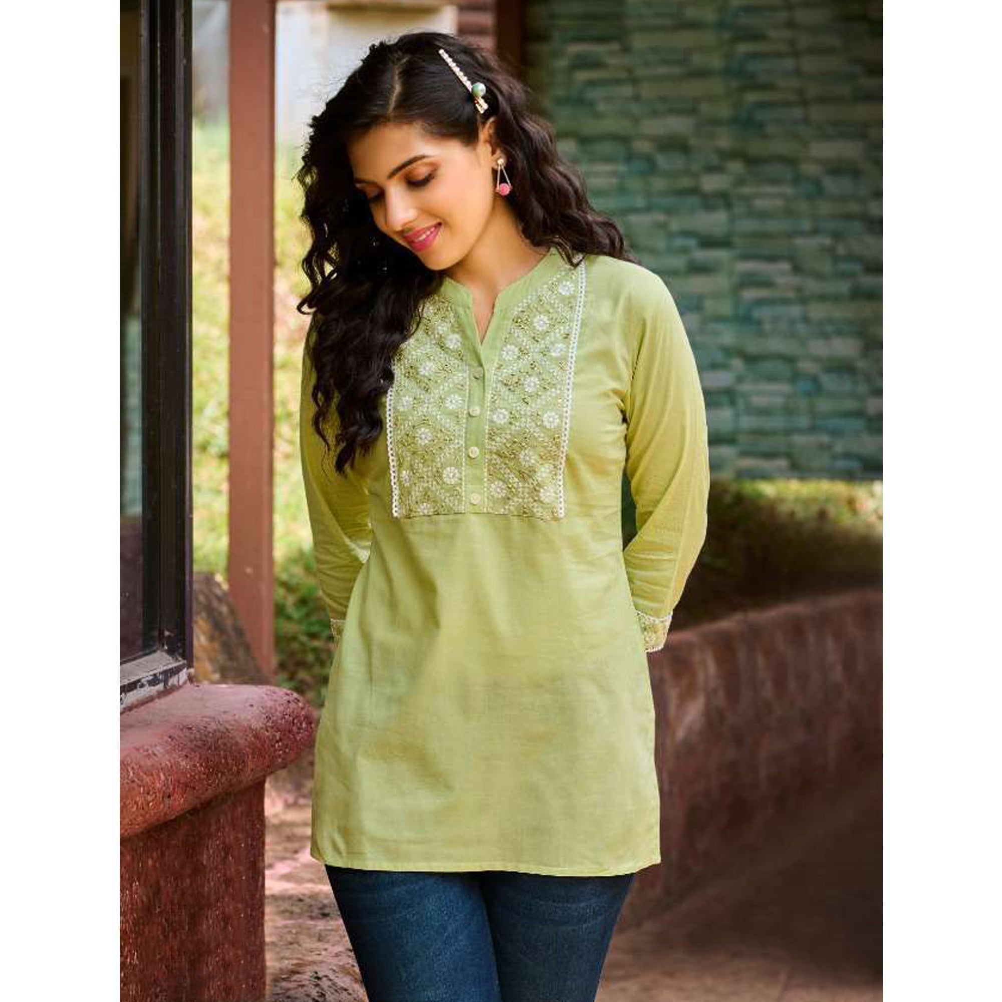 Pista Green Embroidered Pure Cotton Top