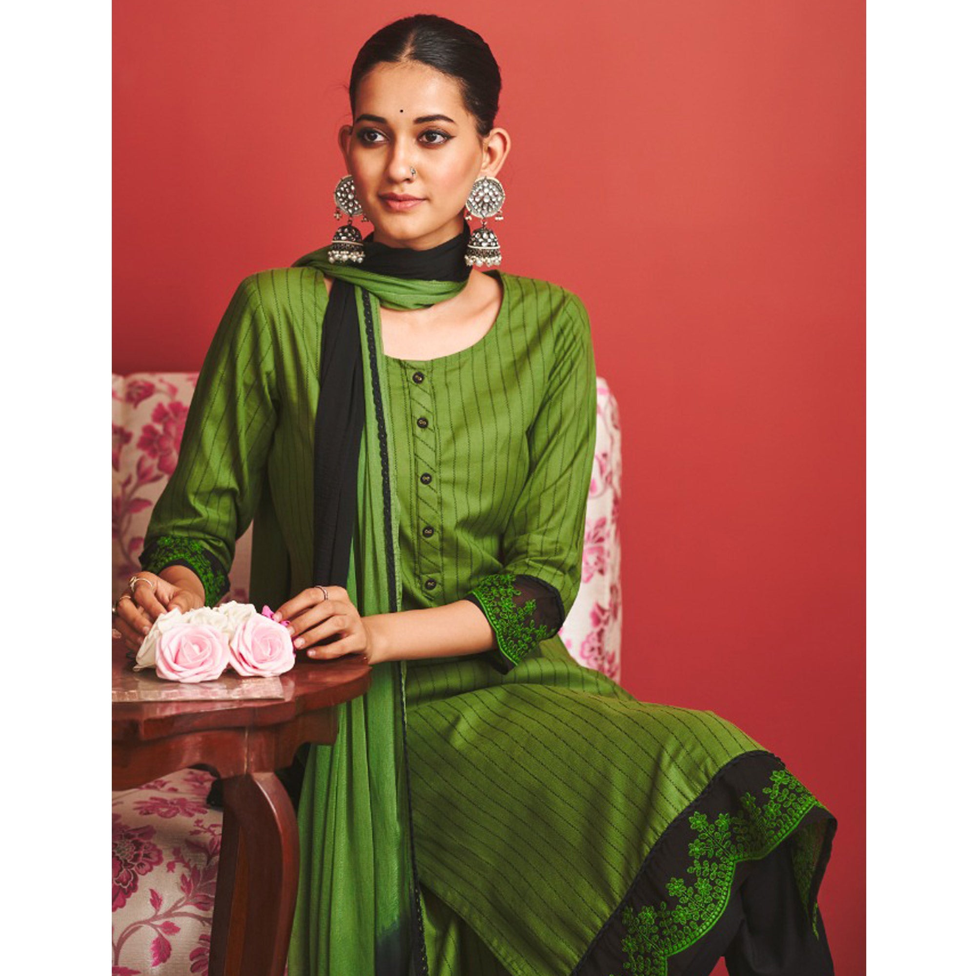 Green Striped Printed Pure Cotton Salwar Suit