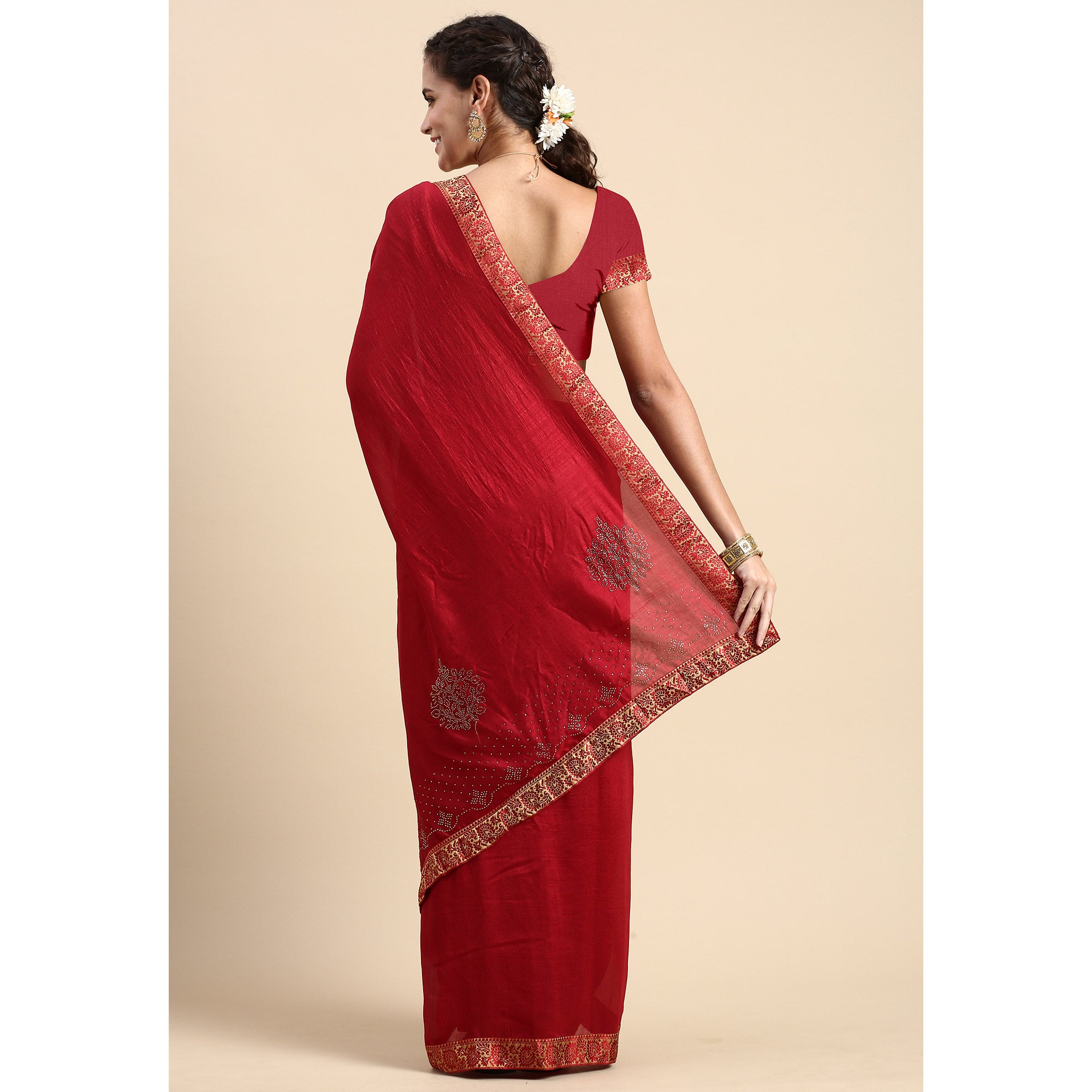 Maroon Swaroski Work Vichitra Silk Saree